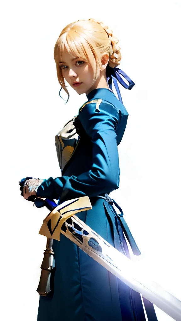 a woman in a blue dress holding a sword and a sword, artoria pendragon, final fantasy tactics character, holding a sword on her shoulder, anime style like fate/stay night, fate / stay night, she is holding a sword, fate stay night, rapier, inspired by Li Chevalier, fate grand order, pretty female cleric, marisa kirisame