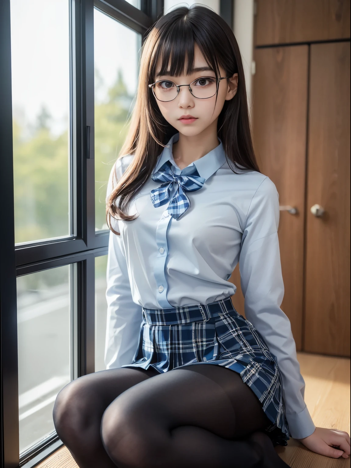 (I can see my underwear)、((細いeye))、((細いeye))、((細いeye))、(8K、生photographgraphy、highest quality、masterpiece:1.2),、small、(flat chest)、(flat chest)、(flat chest)、(flat chest)、(flat chest)、(Are thin)、Fair skin、Whitening、dark look、skinny,sex appeal,Fair skin肌,Saucy,Schoolの,looking at the viewer,looking straight ahead,high-pitched clothes,erotic,students,white skin,knees,(((black pantyhose)),((black pantyhose))),disorganized,(small face),(small face),I can see the forehead,Bangs hanging from the left and right sides of the forehead,(cold look,eyeがきつめ,glare,bullish,anger)、masterpiece,highest quality、ultra high resolution,生photograph,beautiful,beautiful,There is only one person, solo,Glasses,,dark look,small breasts same,full body,(まるGlasses),JK uniform,high school girl,japanese woman, (photorealistic:1.37)、School、photon mapping,Reality、beautiful woman,cute baby face,ブラウンeye、black socks、(red bow tie)、radio city、Physically based rendering、depth of field rally background、photograph,body,beautiful feet, long legs, thin legs,(I can see my bangs), Hairy pubic area, lips, blue_eye, nose soft,(light blue dress shirt), (Navy, blue and white plaid pleated skirt), kneesが見える,transparent clothing,, Peaches, black cotton socks,Nogizaka Idol, , japanese idol