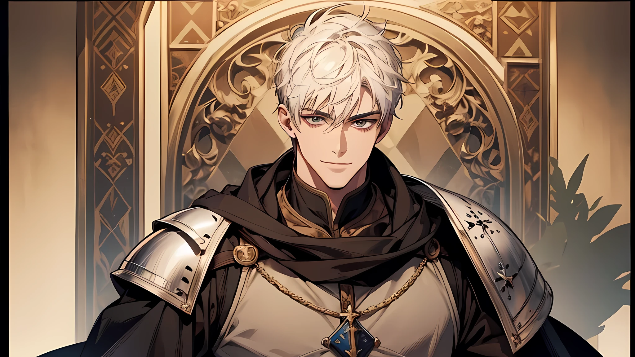 handsome Man with short white hair, detailed face, medieval times, knight, smile, muscular body
