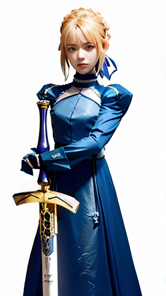a woman in a blue dress holding a sword and a sword, artoria pendragon, final fantasy tactics character, holding a sword on her shoulder, anime style like fate/stay night, fate / stay night, she is holding a sword, fate stay night, rapier, inspired by Li Chevalier, fate grand order, pretty female cleric, marisa kirisame
