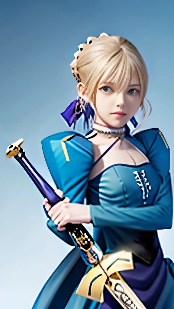 a woman in a blue dress holding a sword in front of a blue background, artoria pendragon, fate / stay night, fate grand order, fate stay night, anime style like fate/stay night, fate zero, fate/zero, epic light novel art cover, she is holding a sword, epic light novel cover art, detailed key anime art, shadowverse style