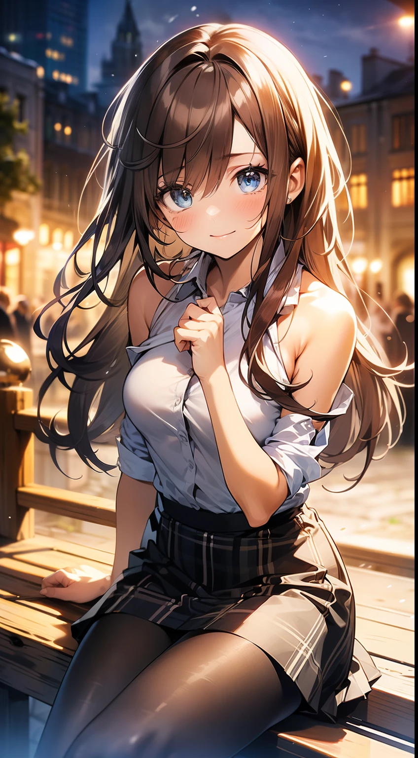 ((masterpiece, best quality, high resolution, ultra high definition, Pixel perfect, depth of field, 4K, RTX, human development report))), 1girl in, single, alone, Beauty、see whole body、 ((long hair, Short Liuhai, reddish brown hair)), ((blue eyes, beautiful eyelashes, realistic eyes)), ((Detailed face, blush:1.2)), ((smooth texture:0.75, lifelike质感:0.65, lifelike:1.1, Anime CG style)), medium breasts, Perfect body, (( White shirt,shirt buttons open,exposing her chest,Plaid skirt,Black tights)), Smile, Charming sitting posture,Tea, (wind blows hair，bare shoulders、exposing her chest、Black tights) , It snows heavily at night