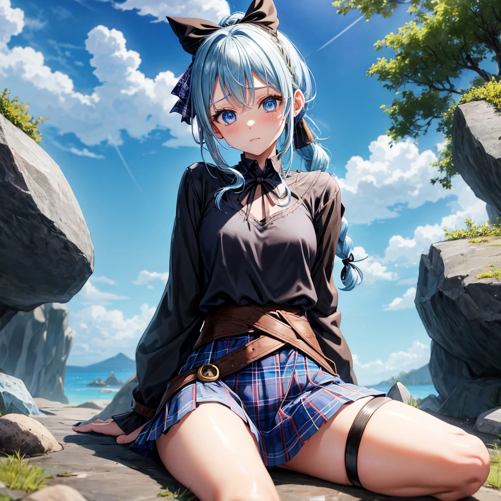 patina hair、blue eyes、Braid、ponytail、one good looking girl、solo、anime、Plaid miniskirt、camisole、black t-shirt、Tilting your face、Doing the ribbon、Ribbon at waist、Raising legs、cloak、the ground is cracked、Shortness of breath、sitting on a stone、Crystal Grotto