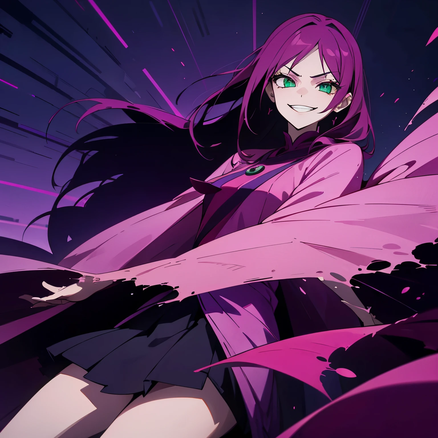 1 girl, dark pink hair, green eyes, beautiful girl, villain, grin, psycho, psycho smirk, straight hair, (((noble cloth))), short skirt, purple cloth