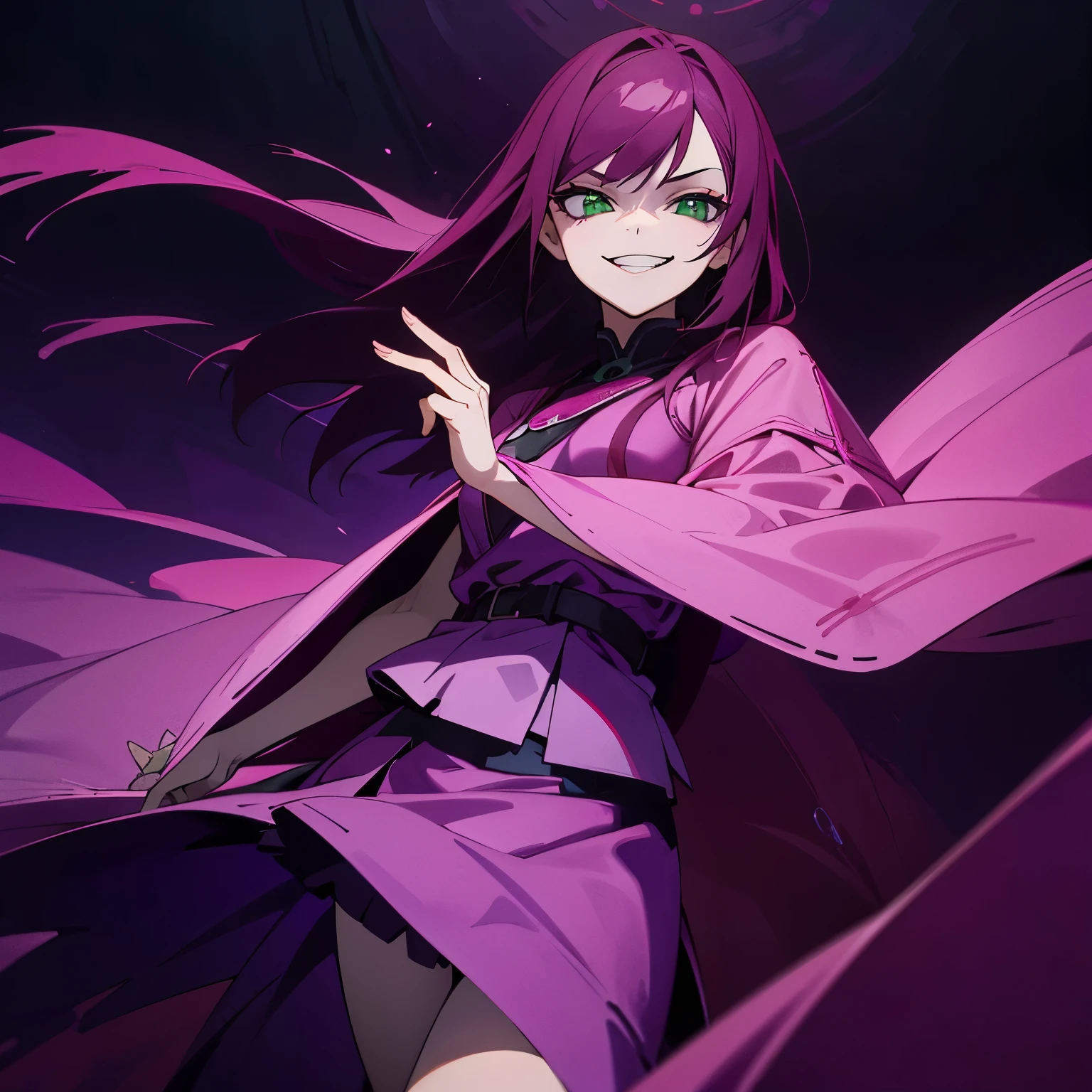 1 girl, dark pink hair, green eyes, beautiful girl, villain, grin, psycho, psycho smirk, straight hair, (((noble cloth))), short skirt, purple cloth 