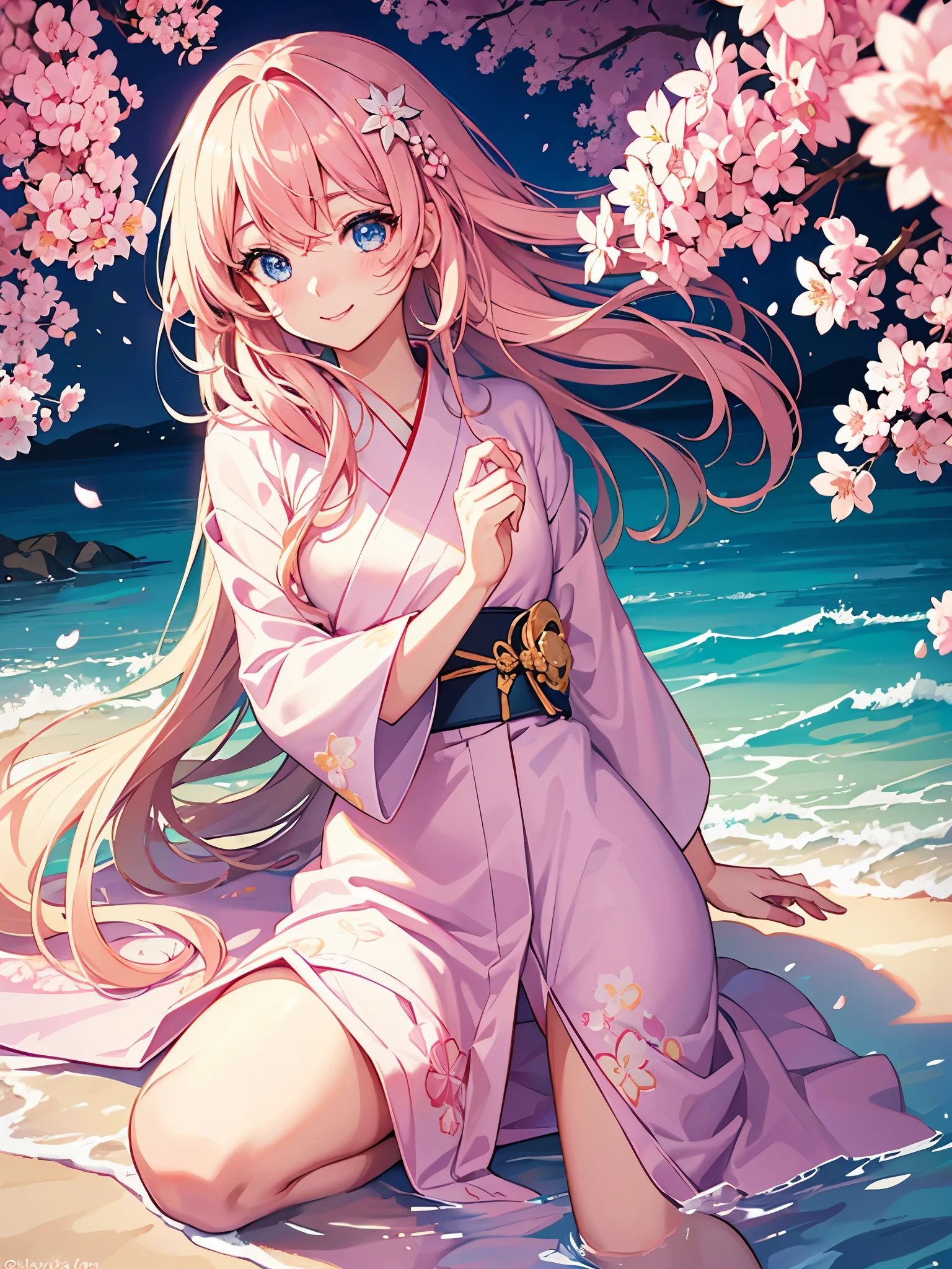 Beautiful face , hair , adorable body , cute anime girl potrait wearing cherry blossom theme yukata , adorable dazzling sea-blue eyes . Long eyelashes ,cute smile blushing cheeks