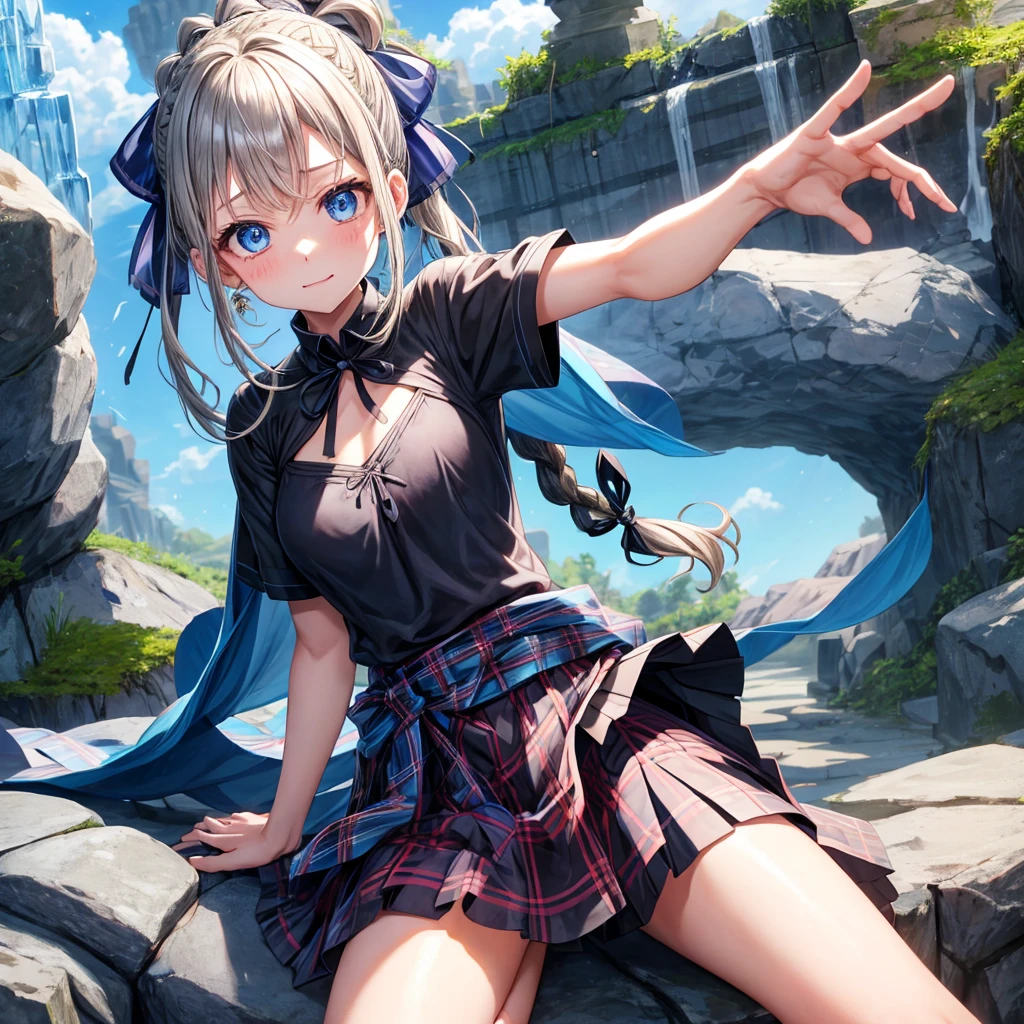 patina hair、blue eyes、Braid、ponytail、one good looking girl、solo、anime、Plaid miniskirt、camisole、black t-shirt、Tilting your face、Doing the ribbon、Ribbon at waist、Raising legs、cloak、the ground is cracked、Shortness of breath、Crystal Grotto