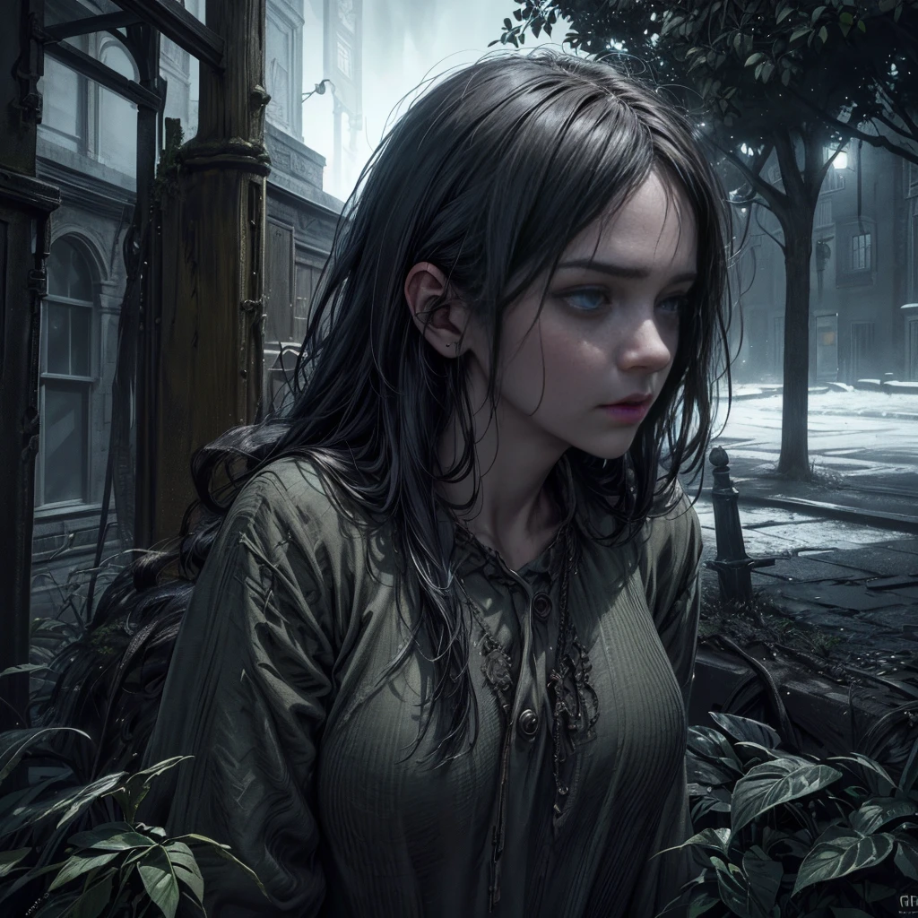 (best quality,4k,8k,highres,masterpiece:1.2),ultra-detailed,(realistic,photorealistic,photo-realistic:1.37),dark fantasy,street scene,unfamiliar environment,detailed buildings,ominous atmosphere,mysterious creatures,horrifying presence,unsettling,shadowy figures,intense darkness,young girl,long hair,innocent face,vulnerable position,hopeless situation,distressed expression,starry sky,dimly lit street lamps,dark colors,overgrown plants,quirky architecture,strange symbols,haunting shadows,abandoned feel,loneliness,magic in the air,creepy atmosphere,enchanted surroundings,gothic elements,otherworldly aura,dramatic composition,contrasting light and shadow,foreboding,uncertainty, bright weather, sunny day, brigth ambiences, light everywhere, nsfw, exposed woman, naked woman, nude
