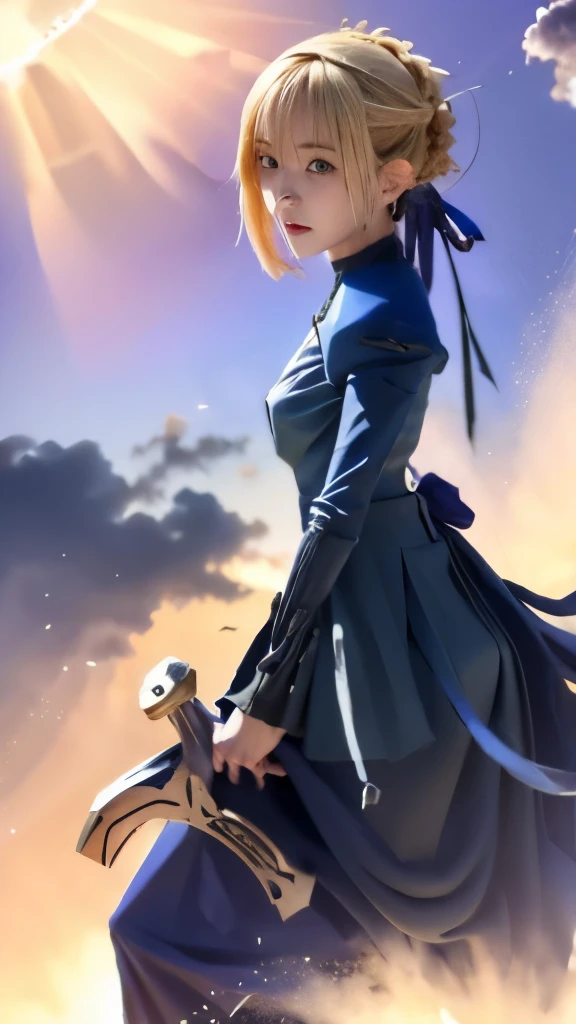 anime girl with sword in blue dress flying through the sky, artoria pendragon, anime style like fate/stay night, fate / stay night, alicization, fate stay night, inspired by Li Chevalier, she is holding a sword, fate zero, fate/zero, fate grand order, anime wallaper, holding a sword on her shoulder, violet evergarden