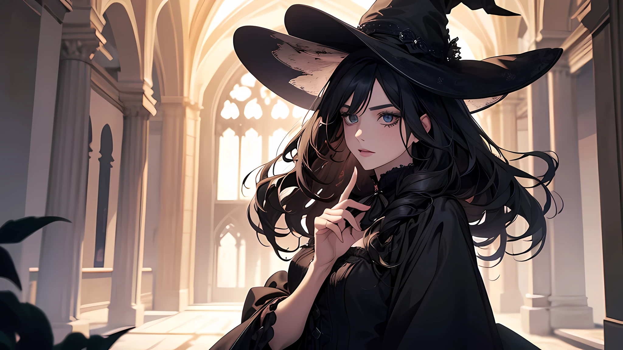 (masterpiece), (best quality), extremely delicate and beautiful, illustration, best_quality ,head, black_magic, 1girl, long hair, black hair, (full body:1.2), witchy_fashion, witch_hat, gothic_witch, gothic_darkness, (gothic_makeup:1.1), scenary, cowboy shot, depth of field, HDR, intricate, delicate, detailed face, beautiful face, Though it’s late, she will introduce both of them. Orvieto pointed at Valeria who had been sitting on the sofa. Over there is the newly chosen Dominas, Valeria Costacurta