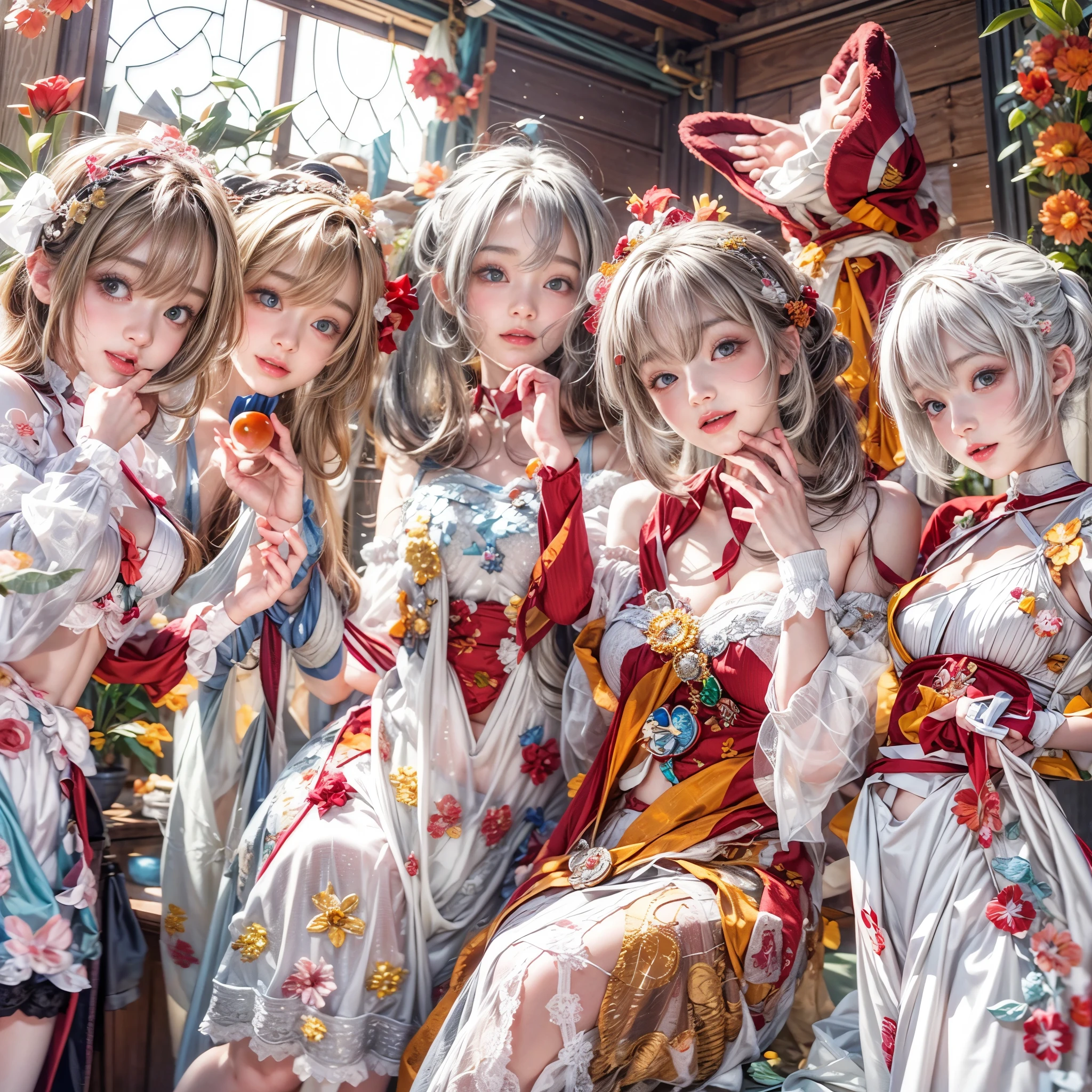 (SFW, White and Red, masterpiece:1.2, Exposed:1.2), (nipple:-0.9), (Acutance:0.8), (many sexy junior idols in group photograph), ((Extremely Detailed KAWAII face variations, joyful expression variations)), { Navel | pretty Ass | Overflowing sideboob | (Delicate lace knitted white wear) | full of Flowers covering girl's body | (Colorful Light shines from Dazzling and delicate stained glass:1.2) }. ( ultra-detailed, realistic, (photorealistic:1.37) with a touch of rawness). { under the mesmerizing back lighting | concept art | enhancing the overall visual impact }. (not Detailed fingers:-0.9) .