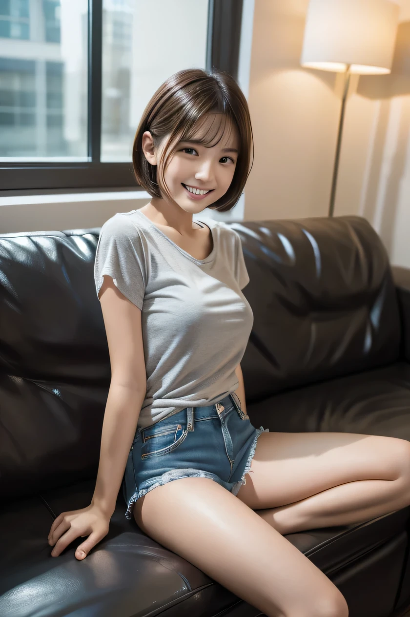 The beauty of 8K raw photos:2.0, short hair,15 years old, great face and dark eyes, stare at the camera, upward glance, A big smile, show teeth, (Sitting with Knees Up on sofa at living ,spread legs), （denim shorts:1.2), realistic:1.9, very detailed CG 統合 8k 壁紙, very detailed, High resolution RAW color photos, (from bottom:1.3), professional photos, Shot in a hotel room, girl sexy portrait