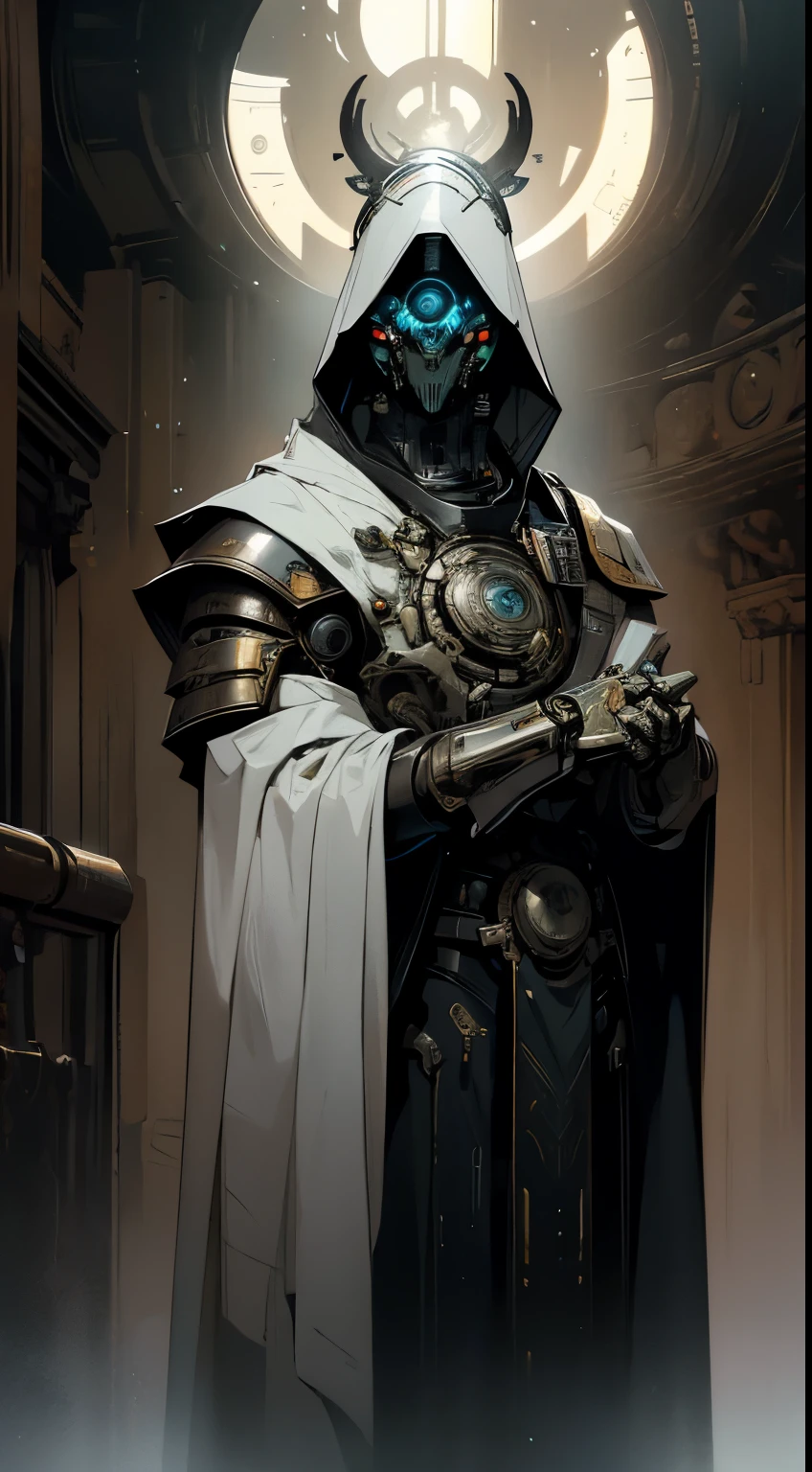 robot, cyborg,((The face is in style of an Exo from Destiny)),Shiny metal skin,Mechanical body parts,Mechanical gears and gears, (devoid of mouth), [Meticulous, Surgical precision],church style background,Science fiction art style,Vibrant colors,High-res,Ultra-detailed,Realistic lighting effects,Bokeh, wearing white robes and cloak, divine pose, two bright eyes,