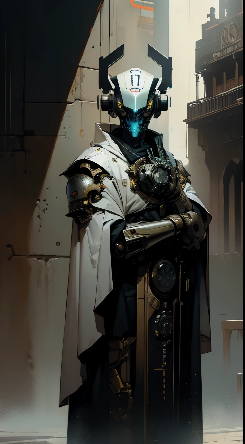 robot, cyborg,((The face is in style of an Exo from Destiny)),Shiny metal skin,Mechanical body parts,Mechanical gears and gears, (devoid of mouth), [Meticulous, Surgical precision],church style background,Science fiction art style,Vibrant colors,High-res,Ultra-detailed,Realistic lighting effects,Bokeh, wearing white robes and cloak, divine pose, two bright eyes,