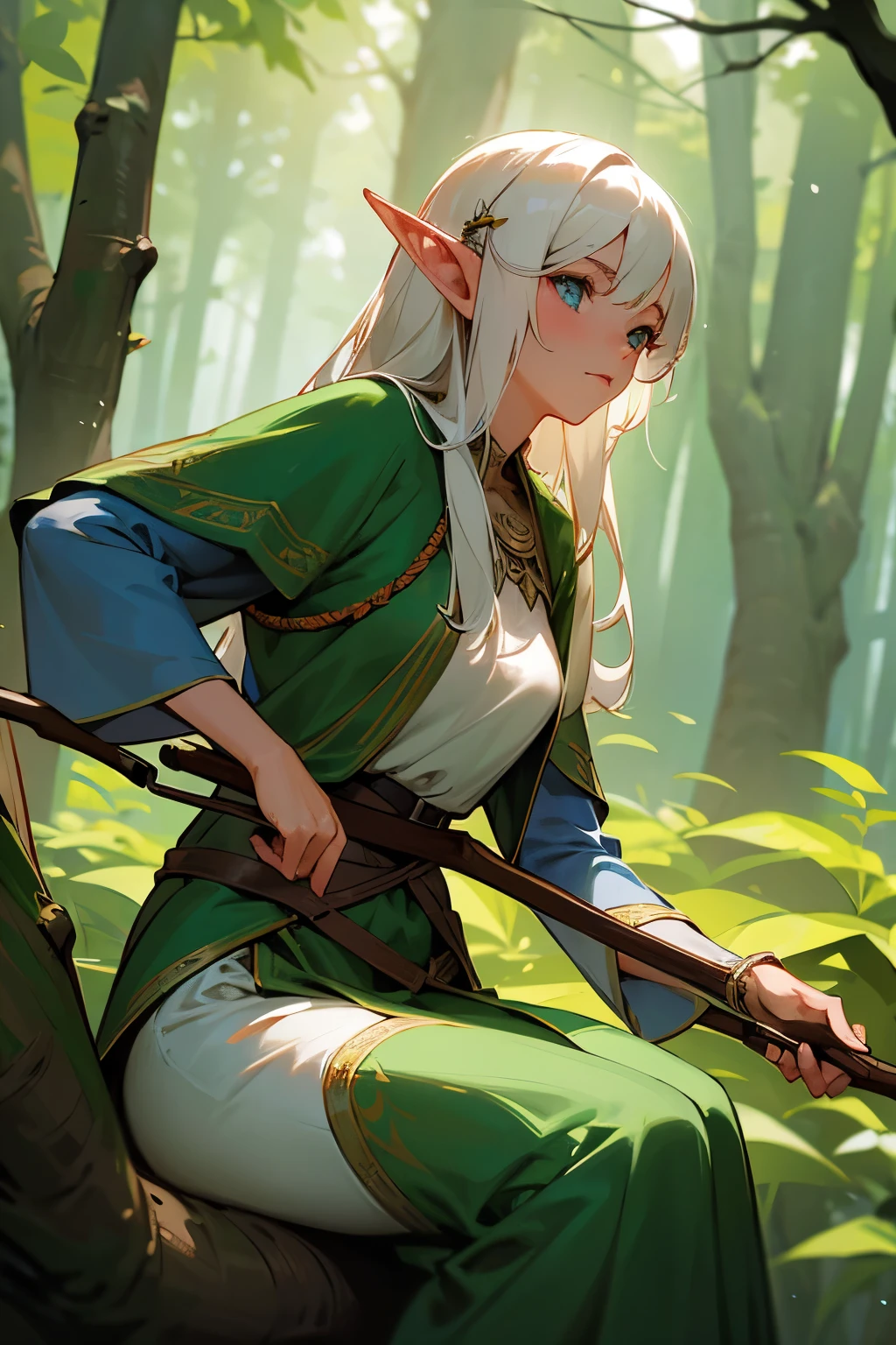WLOP, On the hunt, forest hunter, adventurer, fantasies, girl with bow and arrow sitting on a tree branch in the forest, White hair, beautiful Wood Elf, beautiful and elegant female elf, alluring elf princess knight, female forest archer, elf, Elvish warrior princess, female elf, Wood Elf, portrait of a very beautiful elf, centered Elvish, female elf, Elvish, эльфа Elden Ring, forest hunter lady