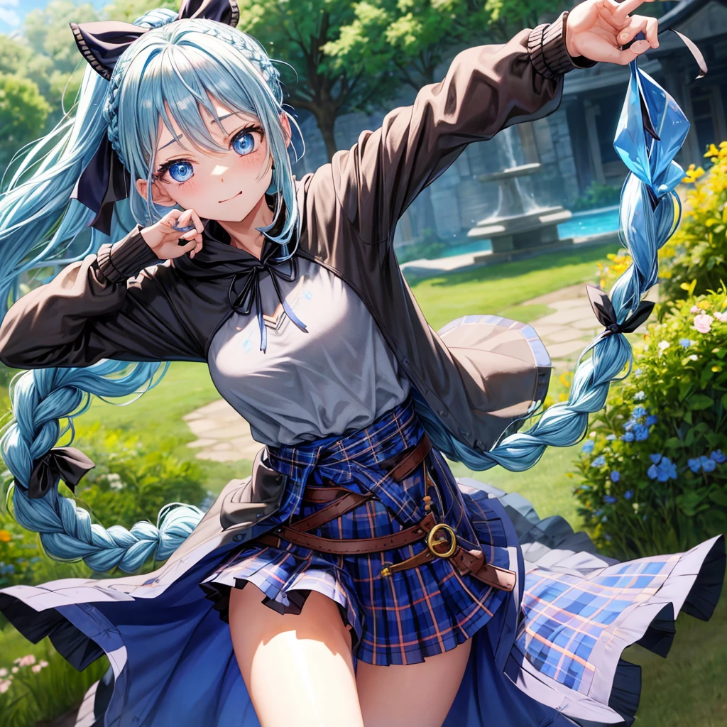 patina hair、blue eyes、Braid、ponytail、one good looking girl、solo、anime、Plaid miniskirt、camisole、black t-shirt、Tilting your face、Doing the ribbon、Ribbon at waist、Raising legs、cloak、the ground is cracked、Shortness of breath、Crystal Grotto、wearing a hood