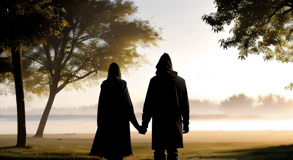 there is 5 people who are glowing like the sun which are carrying the silhouette of a couple in black mystical hooded clothes and rising them to the sky, foggy weather