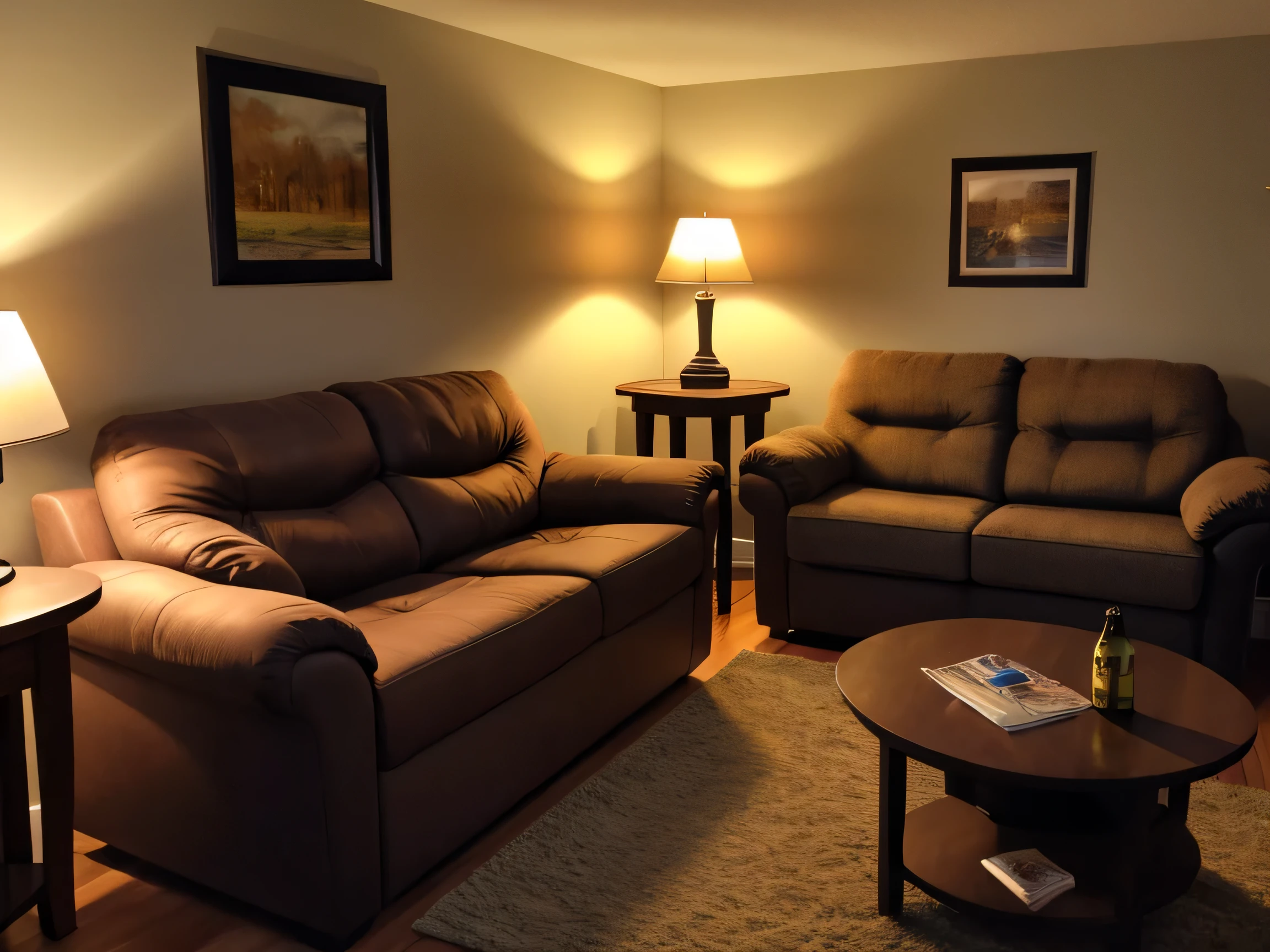 single small loveseat in a living room, beer bottle on the coffee table, front view, nighttime, dim lighting