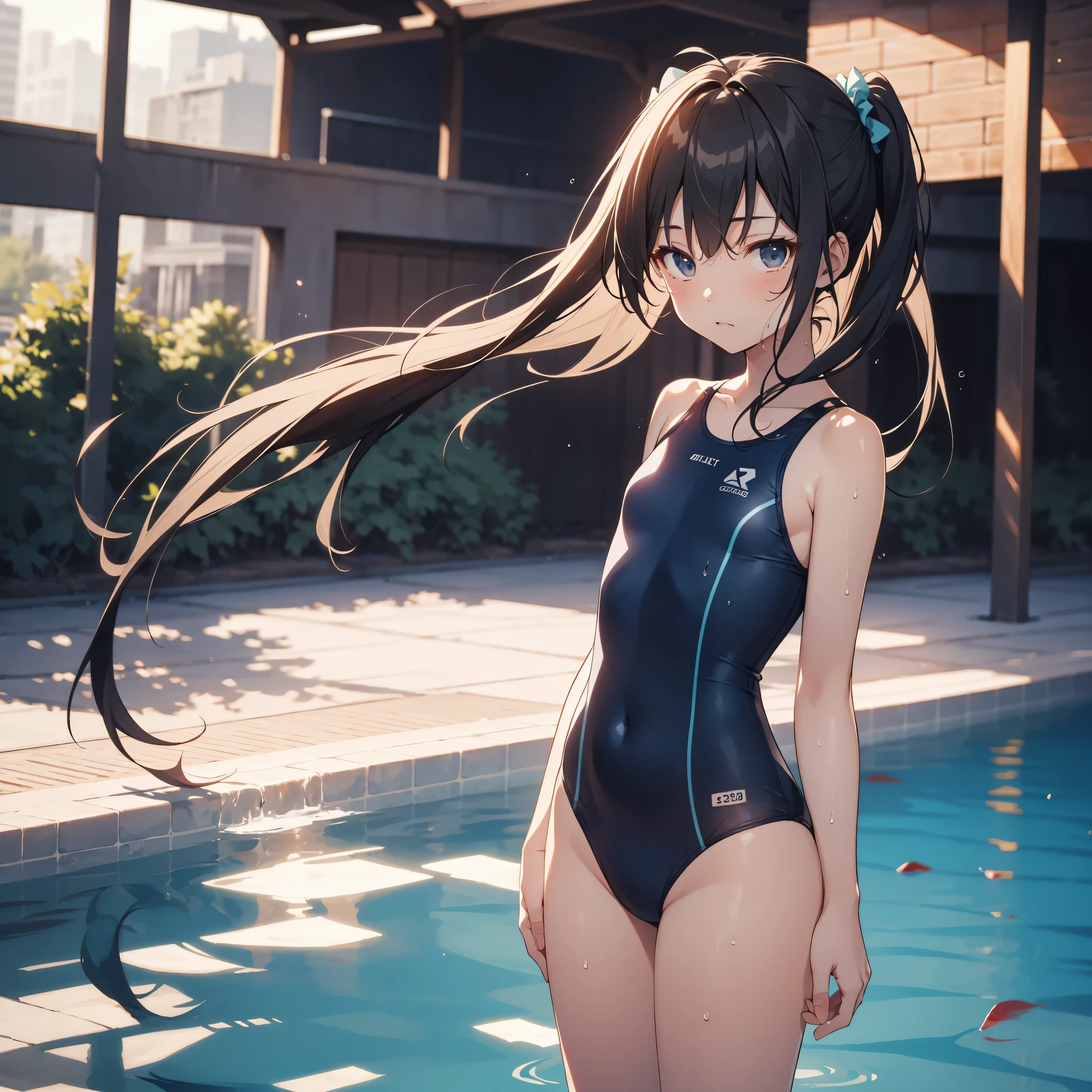 Super high quality by the art god, super detailed, High resolution, AI generated, anime moe art style, best anime 8K konachan wallpaper, pixiv contest winner, perfect anatomy, break,1 girl, (alone,ta, , 13 y),All limbs,full finger, Slender beauty, (very short hair), wet and messy hair, flat chest, small ass,small eyes,beautiful detailed black eyes,expressive eyes,between legs,blue school swimsuit, She stands by the pool,(detailed lighting), (detailed background), (school pool),break,super dense skin, Best lighting by famous artists, 8K, figure,UHD, rough skin