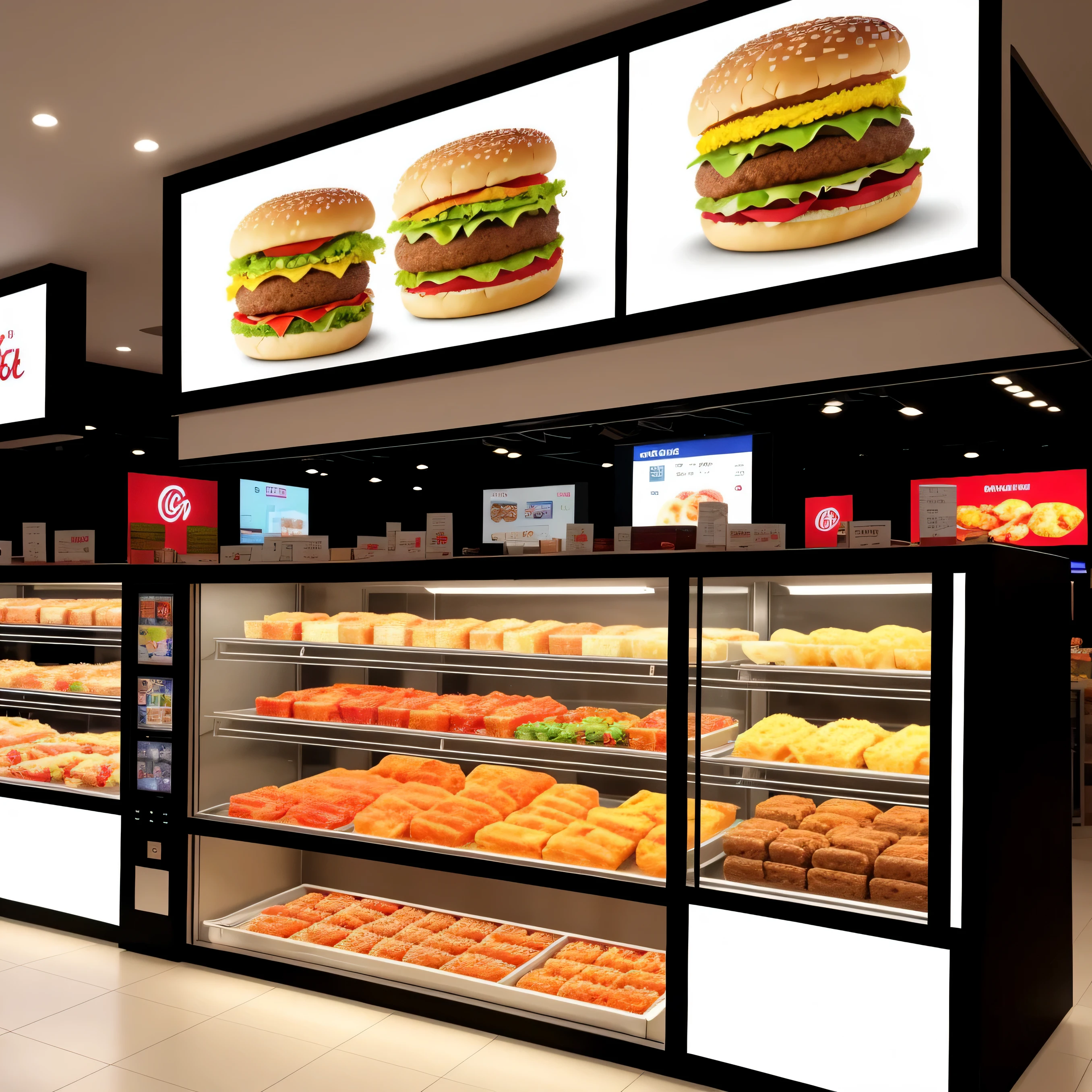 Many different types of food are displayed in display cases, digital displays, digital display, regal fast food joint, Digital screen, Electronic case display, 大型商业LED display, Warm and joyful atmosphere, foods 4 k, photo, LED display, plasma display, Convenience stores, Food court, foods，cafes