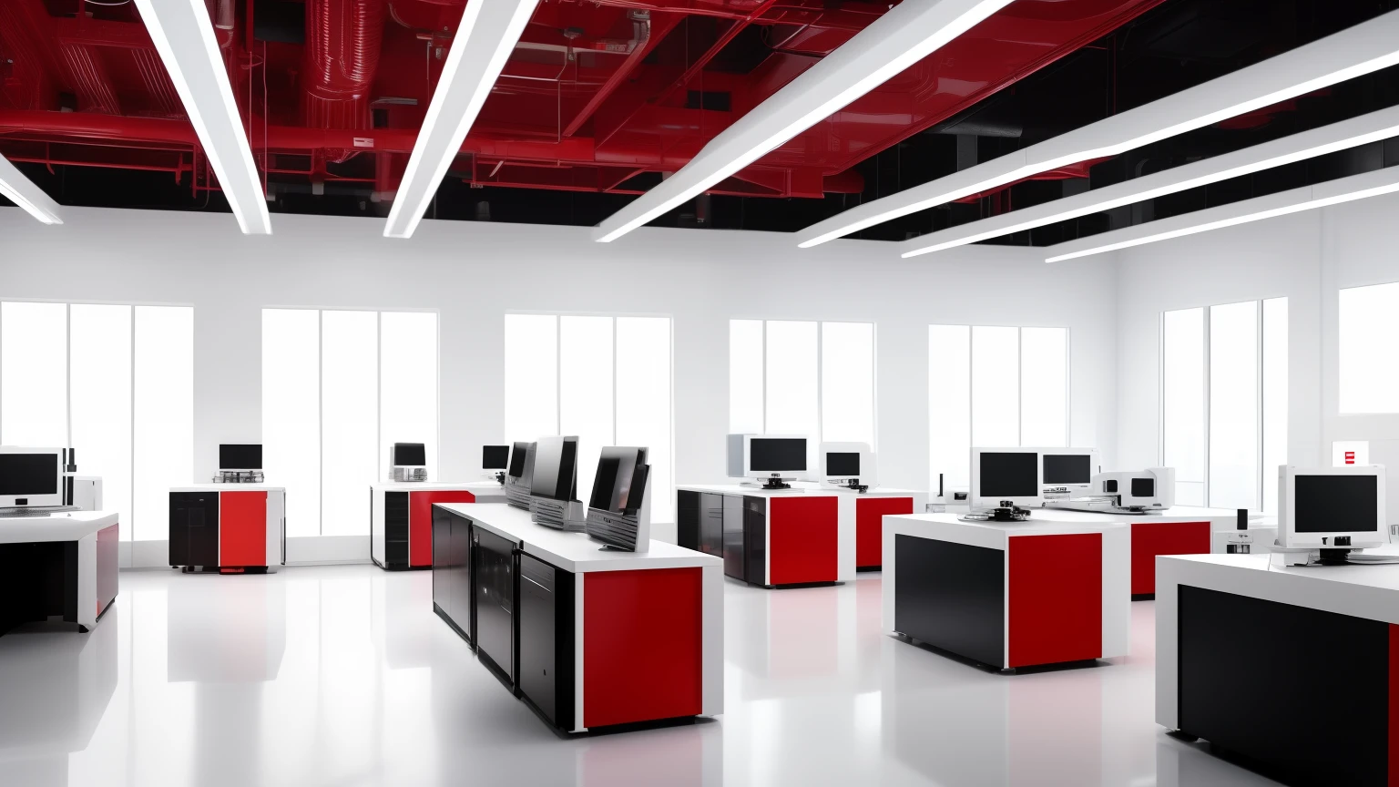 white future technology, white background,
technology work, robot, red, work office, have many robot working