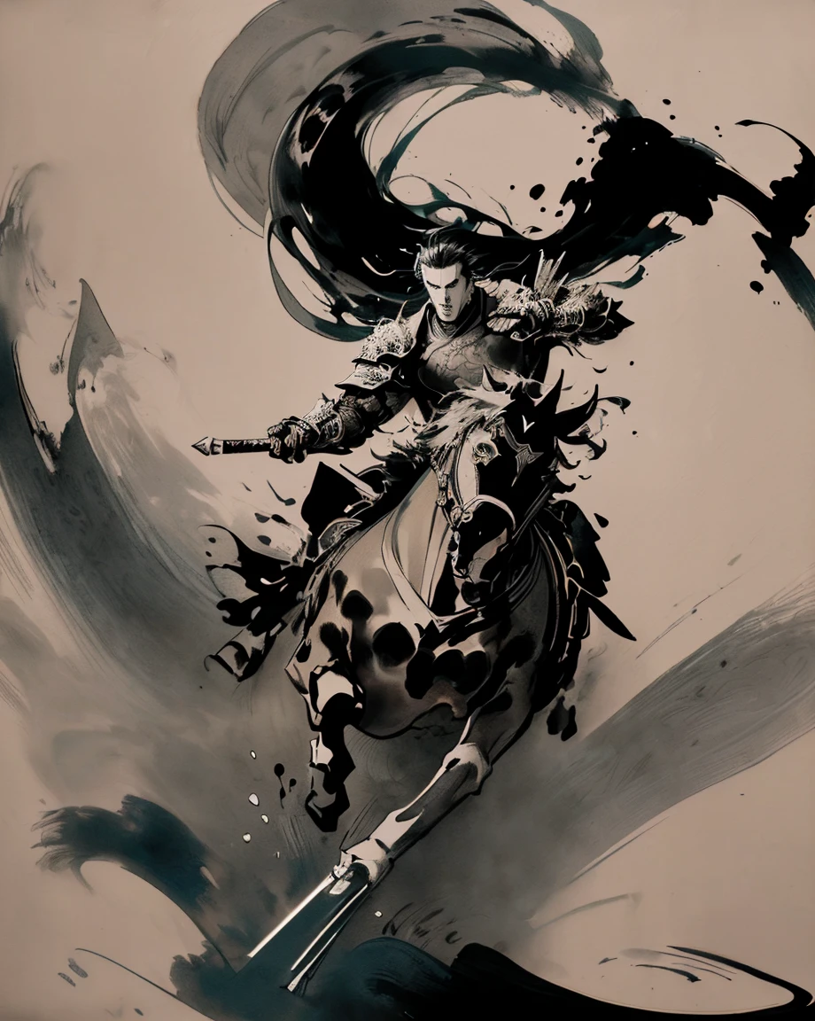 masterpiece, zydink, monochrome, ink sketch, (tilt:1.4), 1man, (riding horse, running fast:1.2), asian man, polearm, waving armor, armor, chinese clothes, fighting stance, looking at viewer, long hair, long sleeves, (abstract ink splash:1.4)