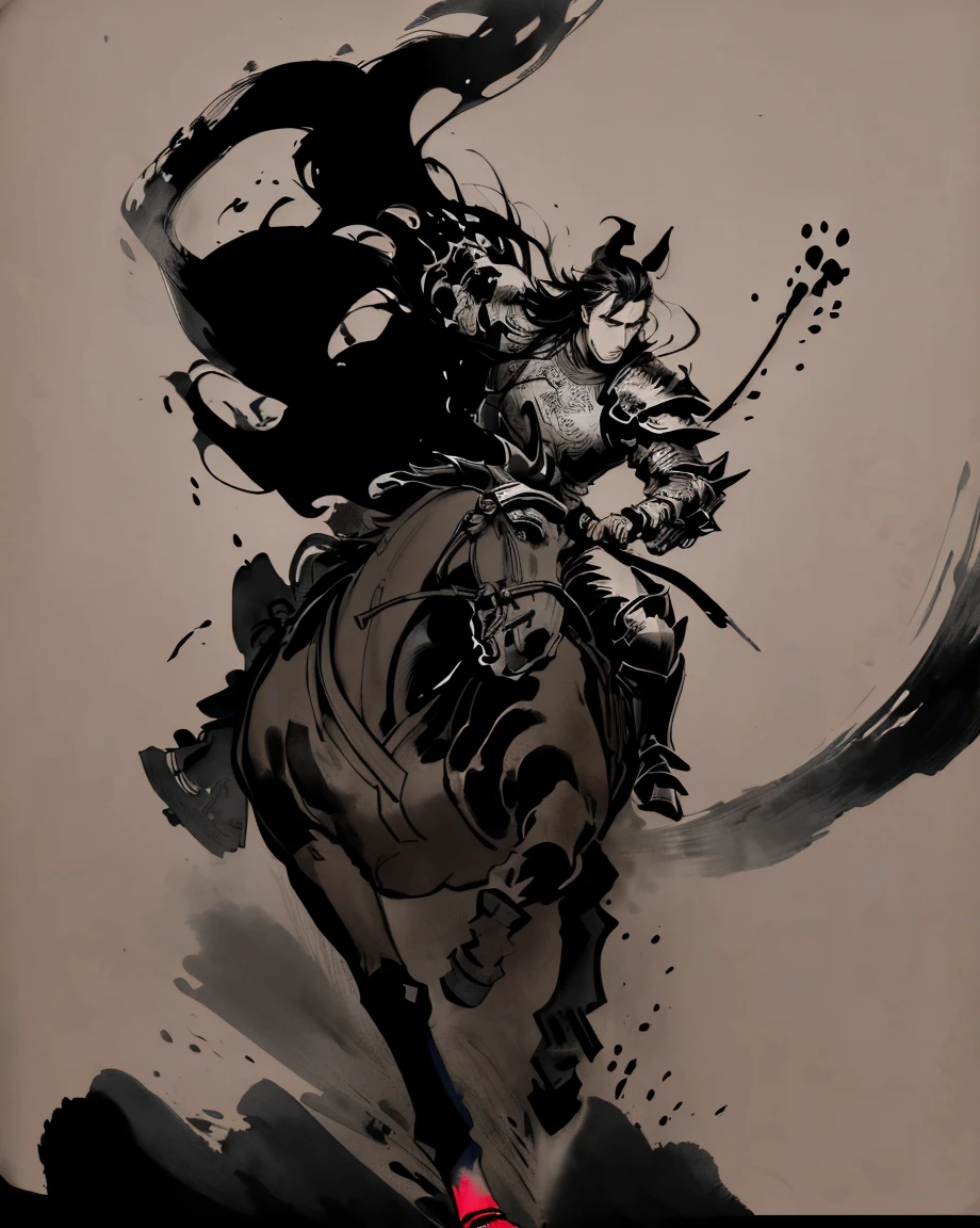 masterpiece, zydink, monochrome, ink sketch, (tilt:1.4), 1man, (riding horse, running fast:1.2), asian man, polearm, waving armor, armor, chinese clothes, fighting stance, looking at viewer, long hair,  long sleeves, (abstract ink splash:1.4), black and white, chinese clothes,hanfu,
