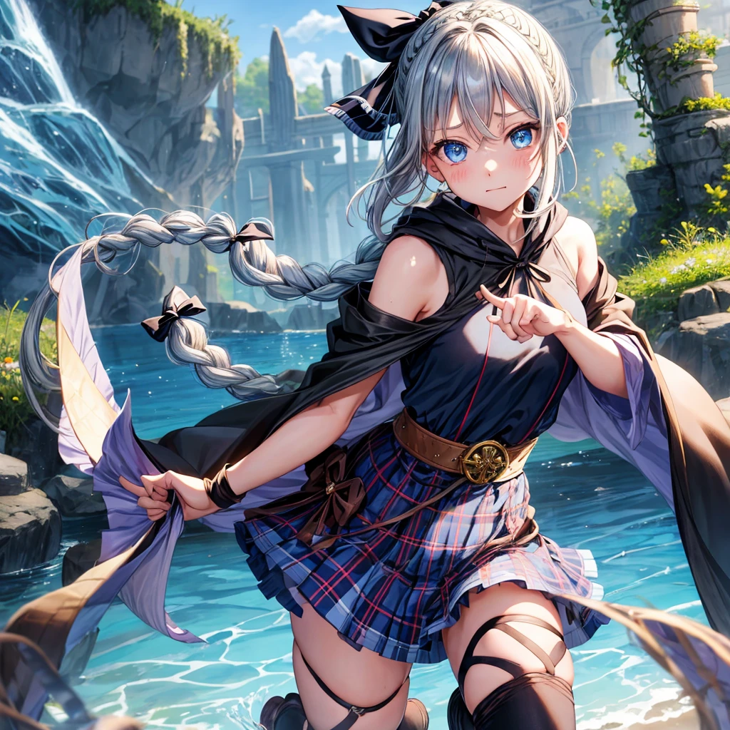patina hair、blue eyes、Braid、ponytail、one good looking girl、solo、anime、Plaid miniskirt、camisole、black t-shirt、Tilting your face、Doing the ribbon、Ribbon at waist、Raising legs、cloak、the ground is cracked、Crystal Grotto、wearing a hood、look back、bullet