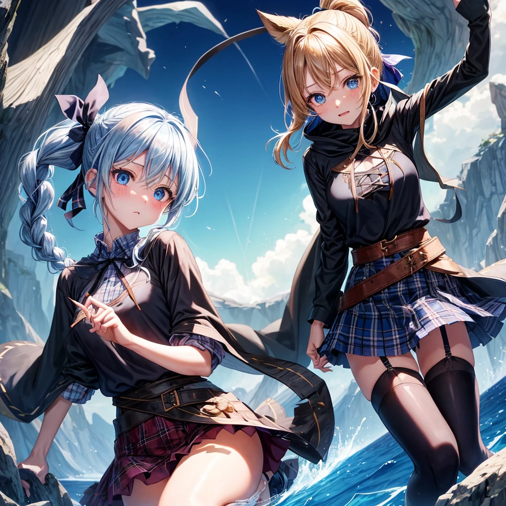 patina hair、blue eyes、Braid、ponytail、one good looking girl、solo、anime、Plaid miniskirt、camisole、black t-shirt、Tilting your face、Doing the ribbon、Ribbon at waist、Raising legs、cloak、the ground is cracked、Shortness of breath、Crystal Grotto、wearing a hood