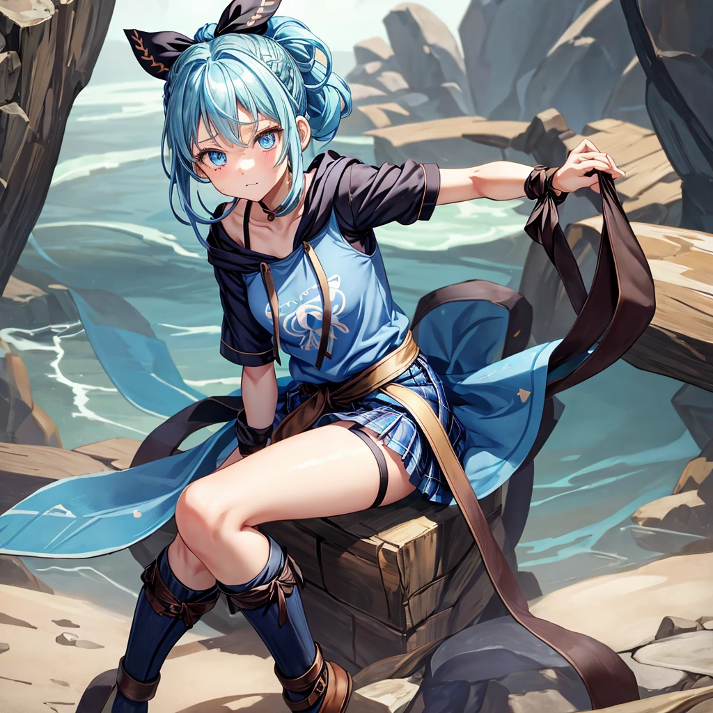 patina hair、blue eyes、Braid、ponytail、one good looking girl、solo、anime、Plaid miniskirt、camisole、black t-shirt、Tilting your face、Doing the ribbon、Ribbon at waist、Raising legs、cloak、the ground is cracked、Shortness of breath、Crystal Grotto、wearing a hood