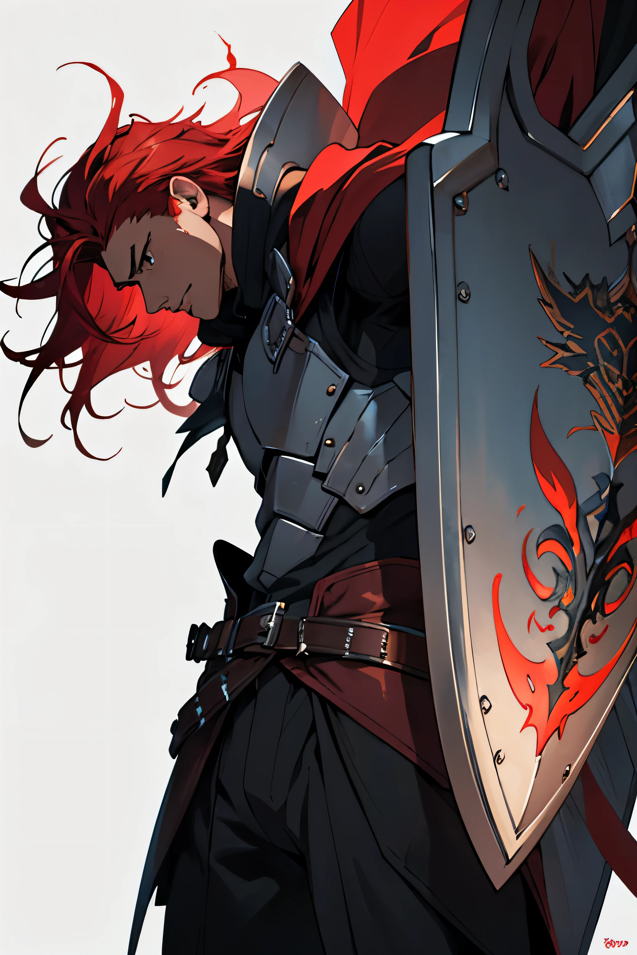 Um homem alto, com cabelos ruivos vibrantes, wearing dragon armor and a cape adorned with a shield symbol. The man has a strong and heroic presence, exuding confidence and power. Its anime-style appearance adds a touch of fantasy and adventure to the scene. The dragon's armor is intricately designed with detailed scales and a metallic sheen, giving it a realistic and formidable appearance. The cape flows gracefully behind him, adding a sense of movement and drama to the composition. The shield symbol on the cover represents protection and strength, symbolizing man's role as guardian or warrior. The color palette of this artwork is vibrant and dynamic., with rich shades of red and metallic tones emphasizing the character's fiery personality. The scene's lighting highlights the contours of the man's face., creating shadows that highlight your strong features. Overall image quality should be of the highest standard, with ultra-detailed rendering and vivid colors that bring the character to life. The art style should be a mix of traditional anime aesthetics and photorealistic elements, resultando em uma obra de arte visualmente impressionante e cativante.