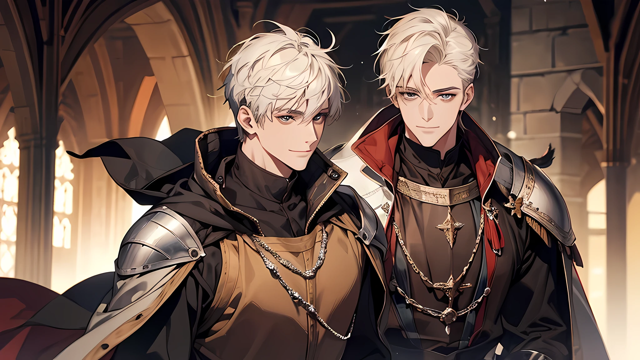 handsome Man with short white hair, detailed face, medieval times, knight, smile, muscular body,
