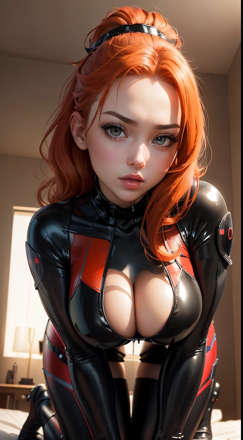 Ultra Macro Photography, fantasy girl, ((Black Widow)), huge tits, kissing lips, latex outfit, shiny/glossy latex, erotic bodysuit outfit, hyper holographic color latex, ponytail hairstyle, long hair, long bangs, NSFW, hentai, perfect makeup, realistic face, detailed eyes, light green eyes, orange hair, eyelashes, :o, bedroom, kneeling on bed, eyes at viewer, view from below, (slightly chibi),