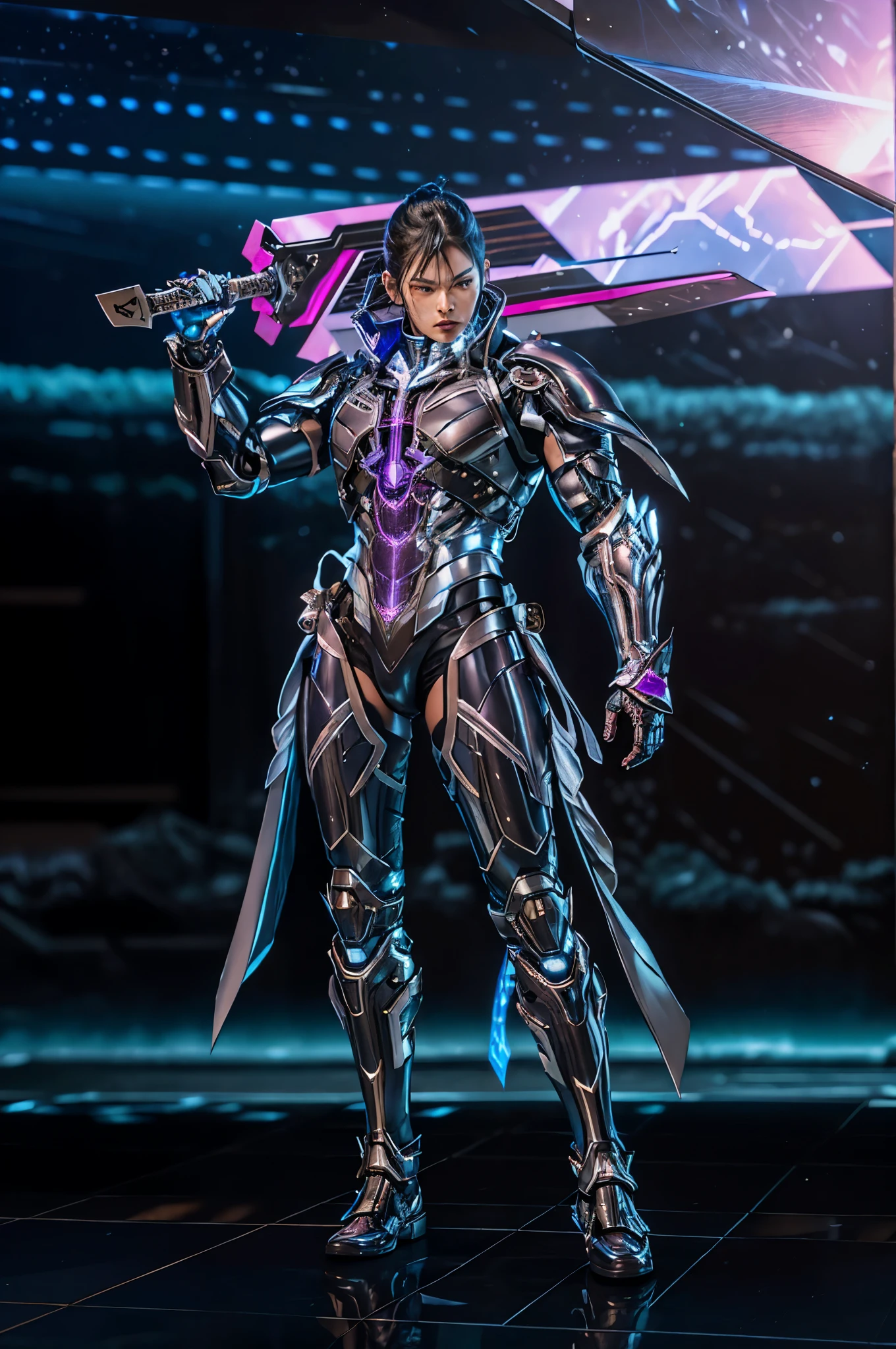 Close-up of a person wearing a suit and holding a sword, Cyber suit, Cyber combat shield, Sharp silver fuchsia leather armor, Cyber universe style, Cyber black, They wear cyber armor, As a character in Tekken, Japanese cyber style armor, Teak leather, This character has cryokinesis, Brave personality, Cyber Armor