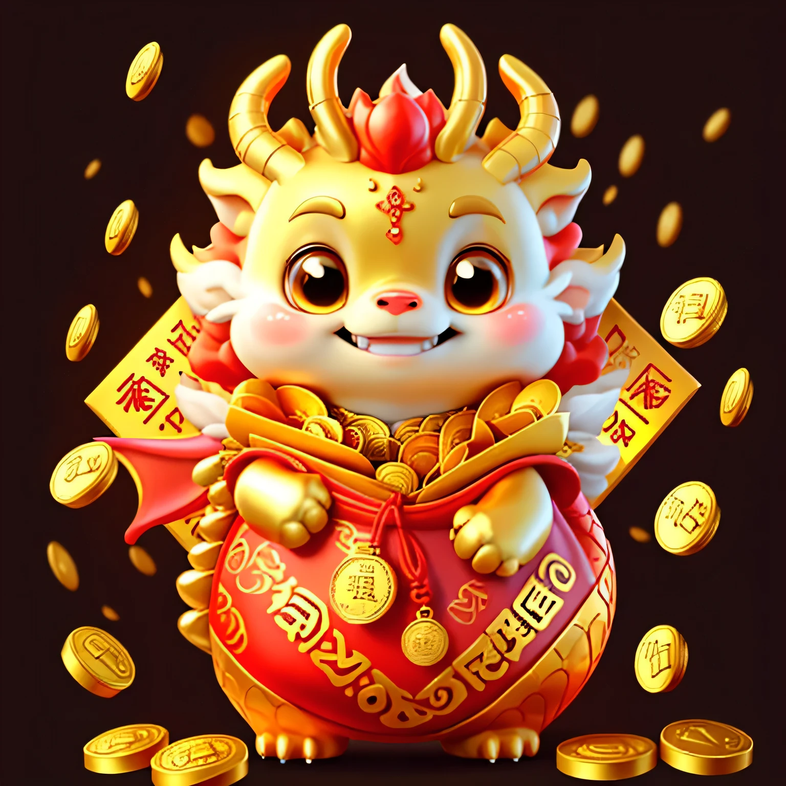 Chinese dragon，The background is casual，Delicate picture quality，HD，happy expression，golden dragon baby，Holding a bag of gold coins