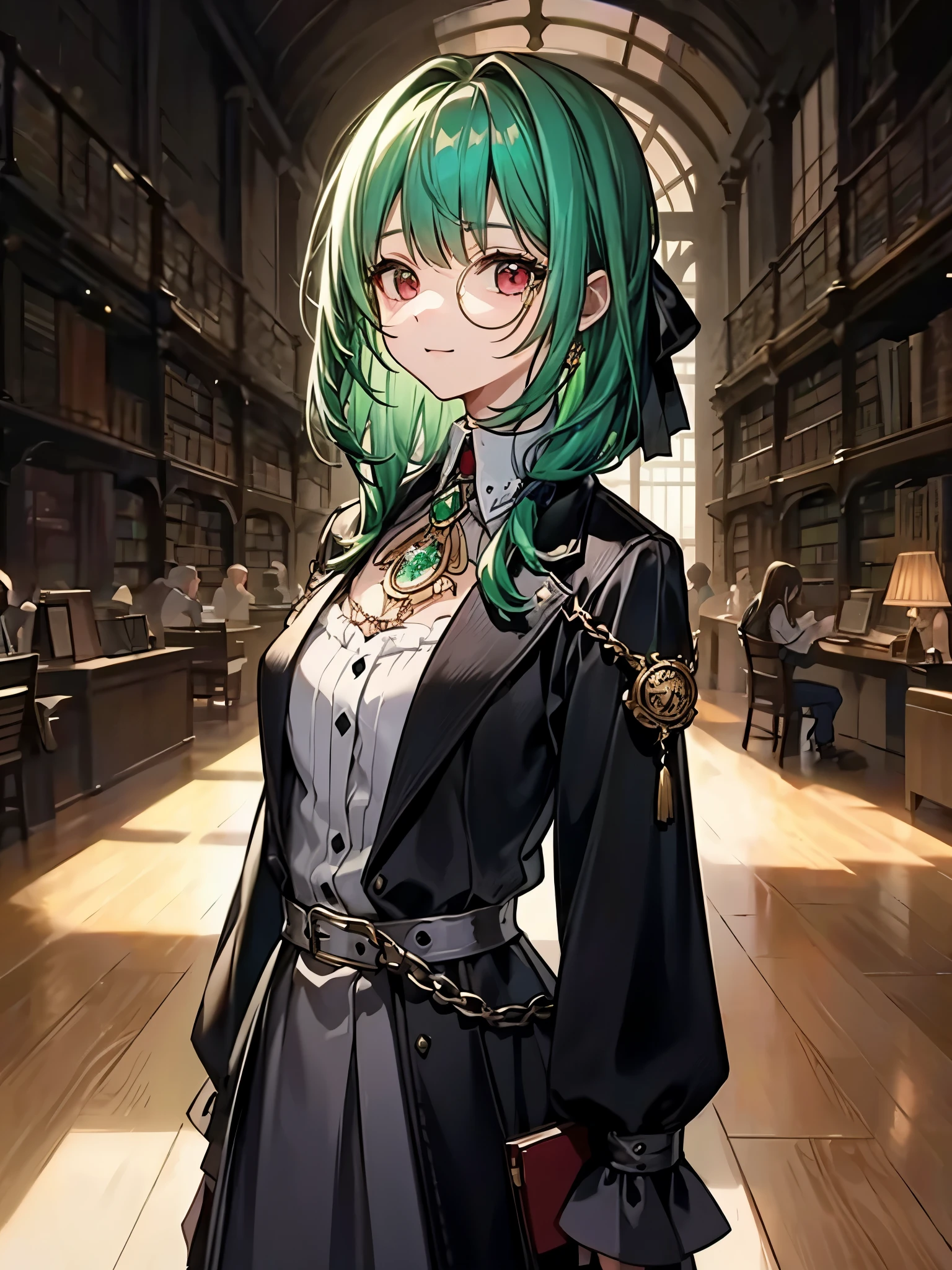 (((masterpiece、Highest quality、highest quality、Highly detailed Unity 8kwallpaper、High resolution illustrations)))、((Illustration of a girl alone、crossdressing、upper body))、(((beautiful girl)))、(Emerald green hair、messy hair、sidelocks、Red Eyes、crazy eyes、crazy smile)、(((flat chest)))、(((monocle)))、Pocket watch、(((Black Top Hat、Black suit、belt)))、Huge medieval libraries、A large number of books、Dimly lit room