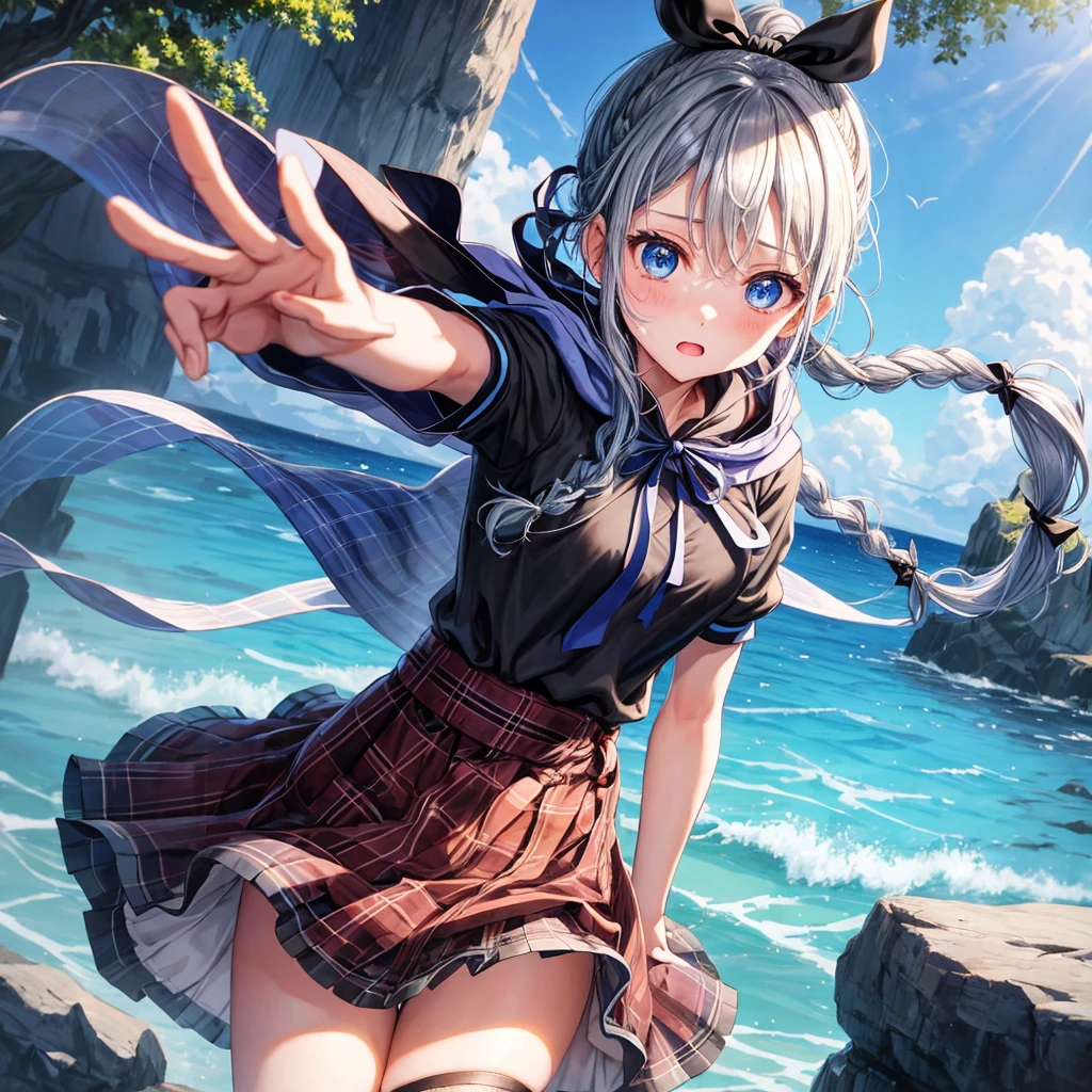 patina hair、blue eyes、Braid、ponytail、one good looking girl、solo、anime、Plaid miniskirt、camisole、black t-shirt、Tilting your face、Doing the ribbon、Ribbon at waist、Raising legs、cloak、the ground is cracked、Crystal Grotto、wearing a hood、look back、bullet