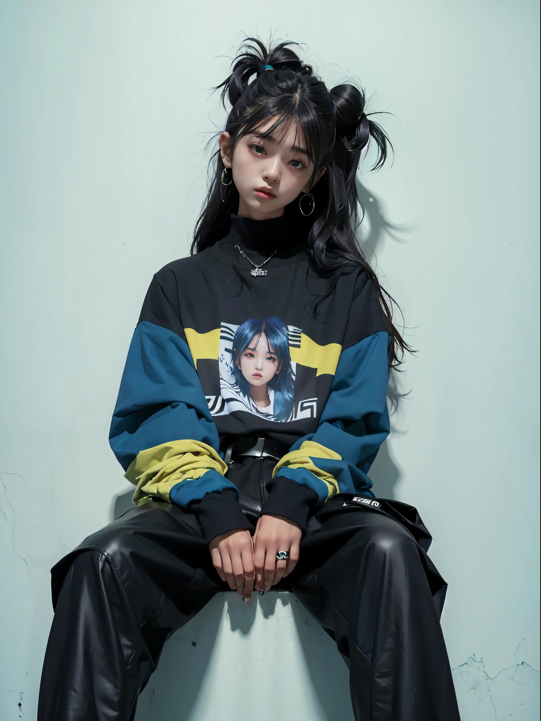 Kpop  girl long dark blue hair, cute face, irresistible, sit pose, poser, serious face, full half body show, tattoos, wears cool black mixed blue ang green open jacket with long big sized shirt, long black pants with belt, paint background, popstar, has messy lime green hair, and a green one-suit with a diamond. He has a normal Putt Putt Troll appearance overall, as most of them resemble his appearance with exceptions like Viva. His attire a reference to the golfing attire of golfers.