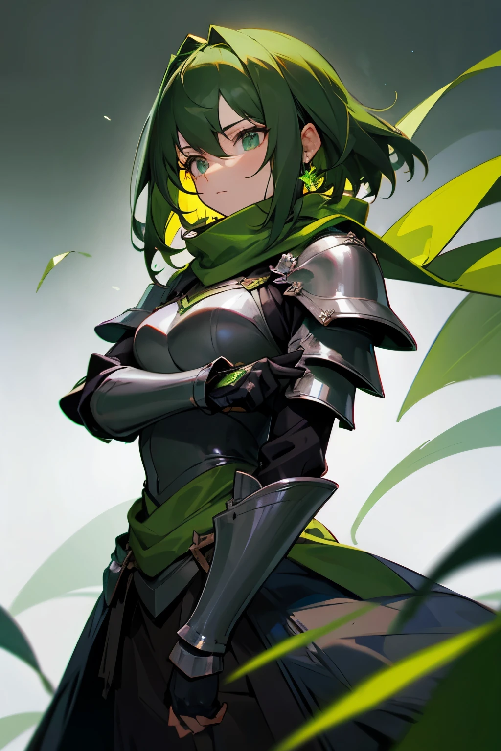 Woman with dark green hair、wearing a green scarf、Green Gemstones、black armor