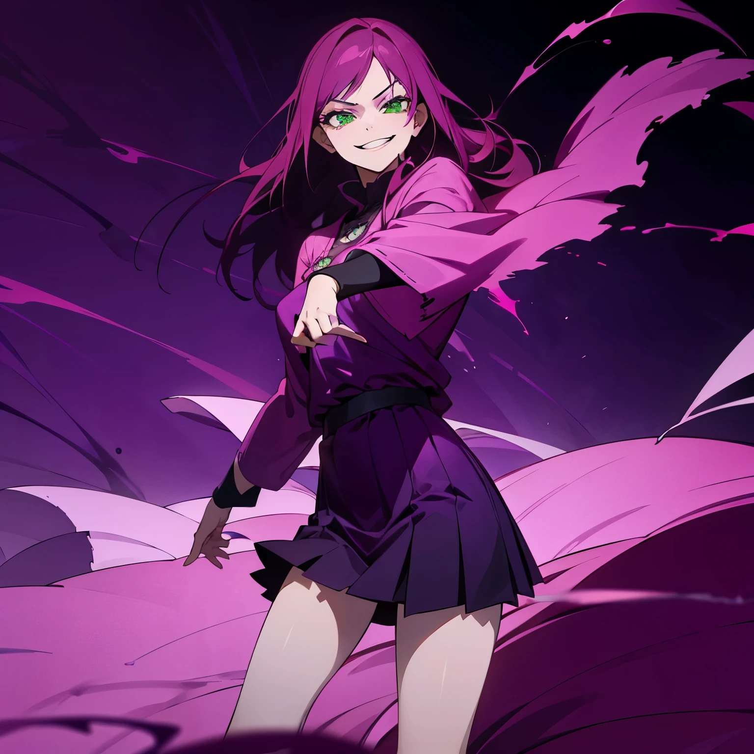 1 girl, dark pink hair, green eyes, beautiful girl, villain, grin, psycho, psycho smirk, straight hair, (((noble cloth))), short skirt, purple cloth