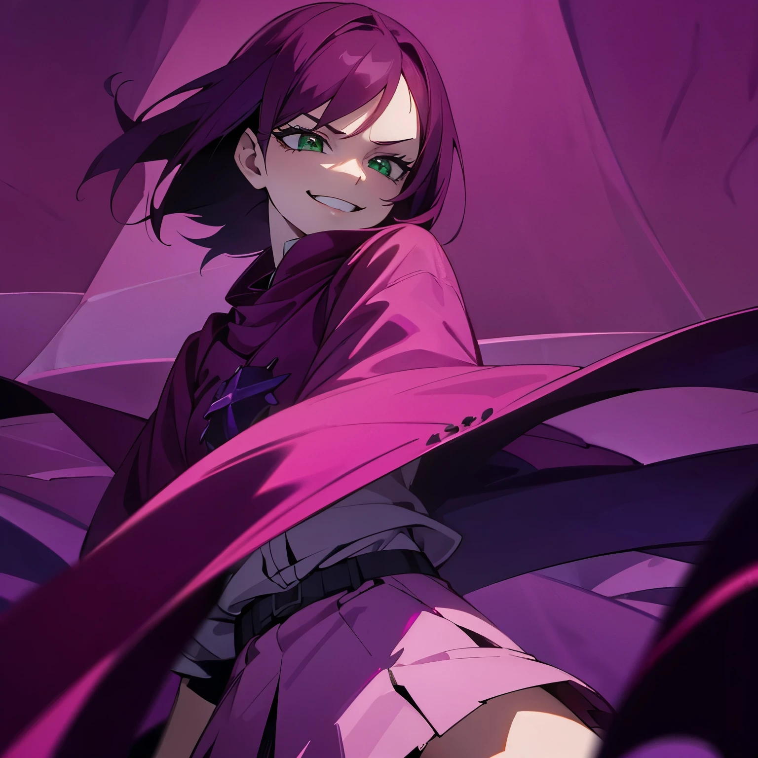 1 girl, dark pink hair, green eyes, beautiful girl, villain, grin, psycho, psycho smirk, straight hair, (((noble cloth))), short skirt, purple cloth 