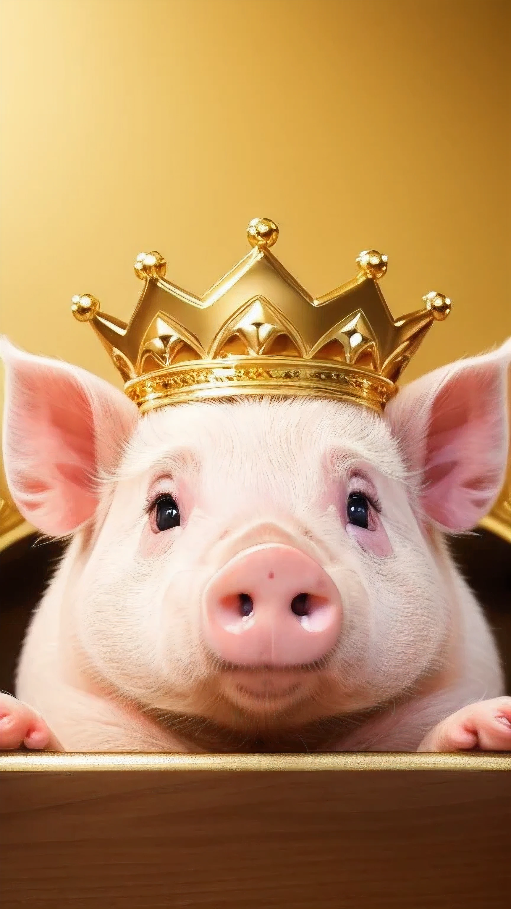 masterpiece, best quality, 8k, 4k, pig with a golden crown, Cute pig, ((front viewing)), ((front face)), look at the front, smile, cuty pig, golden clothes, golden color background, gold background, 1 pig, center of photo, golden clothesを着た, sitting, Pink pig