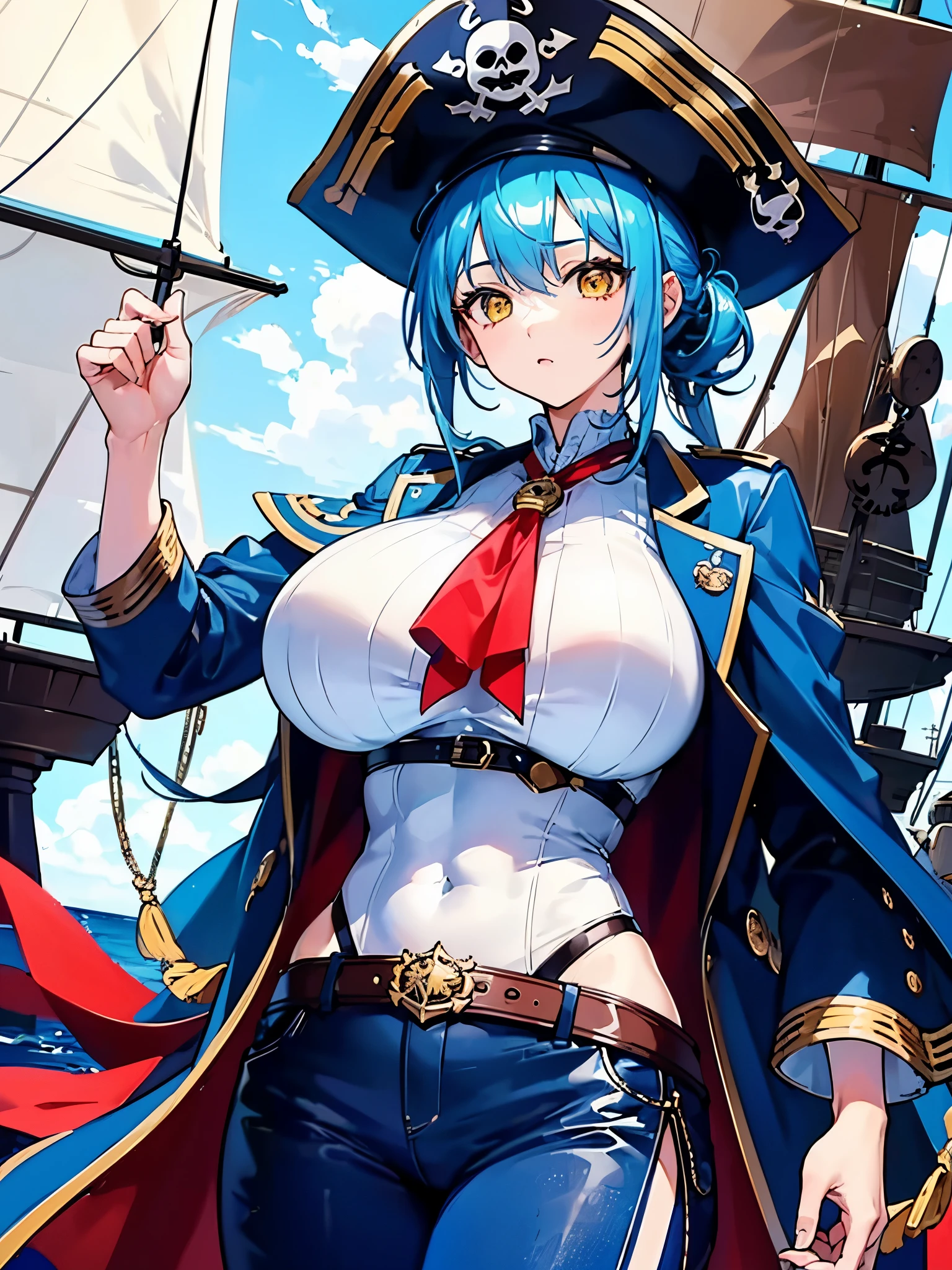 (((masterpiece、Highest image quality、highest quality、highly detailed unity 8kwallpaper)))、((Illustration of one girl、upper body))、(((beautiful girl)))、(female pirate)、(Light light blue hair、short ponytail:1.2、yellow eyes)、((tall))、(((muscle girl, muscle, bulky figure, massive frame, thick neck, sturdy arms, powerful legs、solid chest)))、(captain's suit、Pirate hat、Blue coat、pants)、Pirate ship deck、Old sailing ship