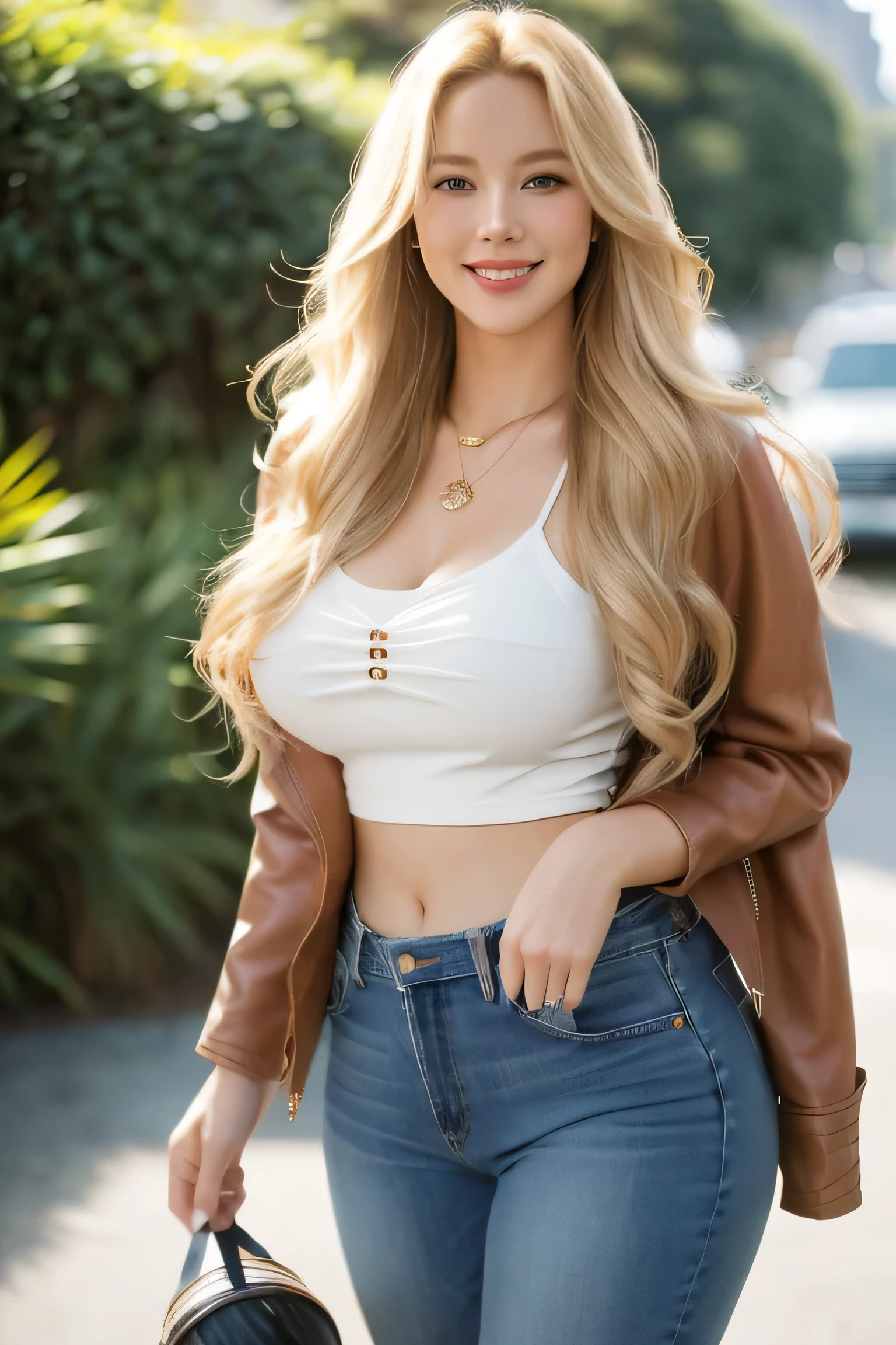 Uma mulher atraente com longo, cabelo loiro ondulado e rosto sorridente, jovial, Cabelo meio amarrado,  curved, jeans, jaqueta de couro, hiper realista absurdo, foto crua, UltraHD 8K, alta qualidade, Film grain, (pele altamente detalhada:1.2)
