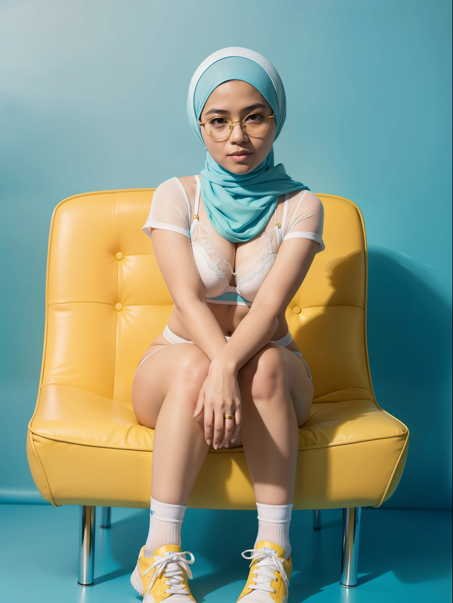 Malay woman in a light blue bra and panties in front of a yellow background seating on a high studio stool, glasses, hijab, white sneakers, high to knee socks, mira filzah, full body photography, photo of young malay woman, full shot portrait, in yellow background