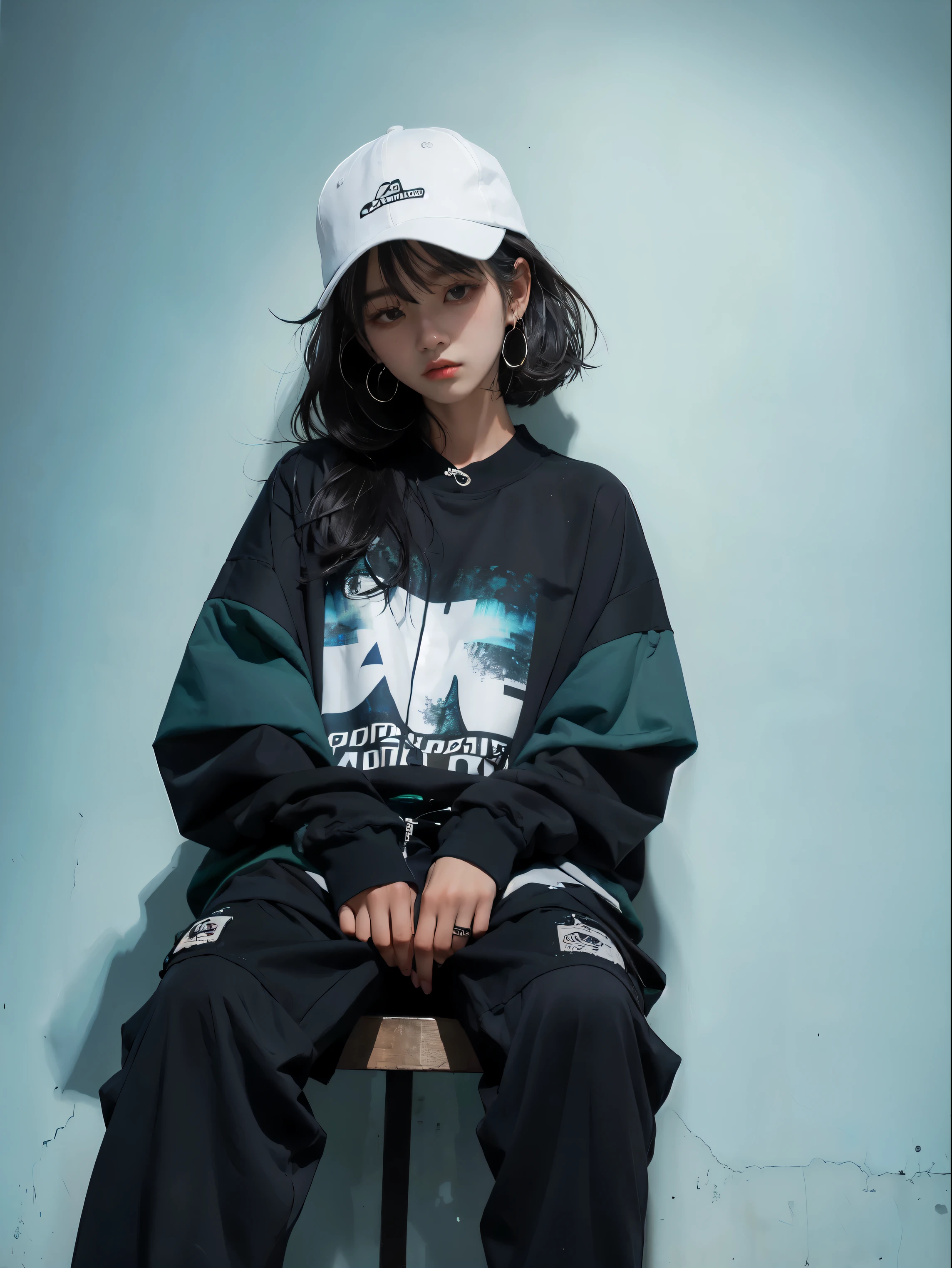 Kpop girl long dark blue hair, cute face, irresistible, sit pose, poser, serious face, full half body show, tattoos, wears cool black mixed blue ang green open jacket with long big sized shirt, long black pants with belt, paint background, popstar, has messy lime green hair, and a green one-suit with a diamond. He has a normal Putt Putt Troll appearance overall, as most of them resemble his appearance with exceptions like Viva. His attire a reference to the golfing attire of golfers.