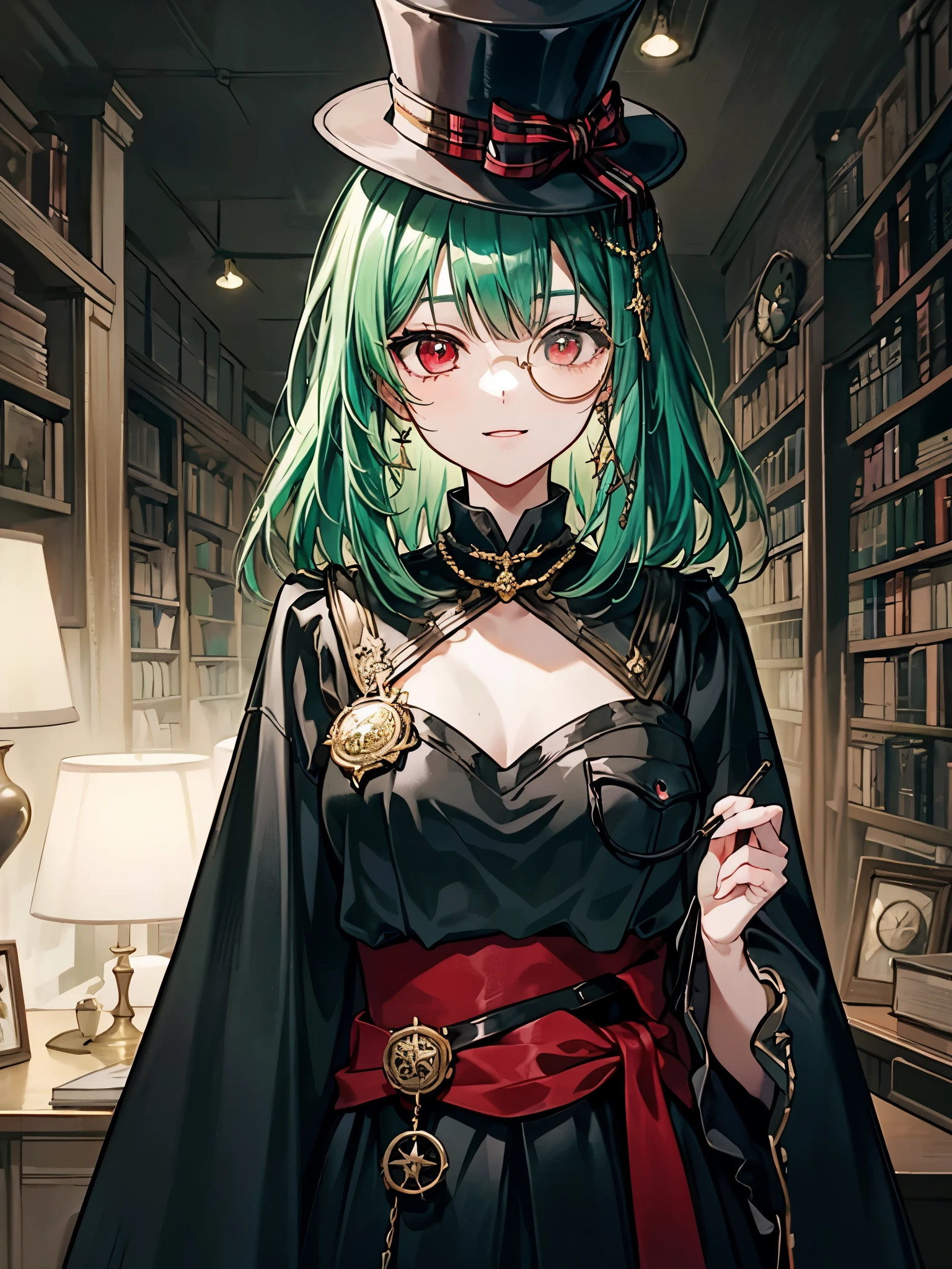 (((masterpiece、Highest image quality、highest quality、highly detailed unity 8kwallpaper)))、((Illustration of one girl、upper body))、(((beautiful girl)))、(librarian)、(Emerald green hair、messy hair、sidelocks:1.2、red eyes、crazy smile)、(((flat chest)))、(((monocle)))、pocket watch、(((Black top hat、Black tuxedo、belt)))、great medieval library、Large amount of books、dimly lit room