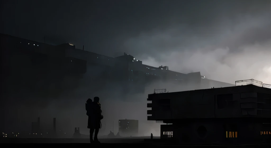 silhouette of a couple with wings on their backs in black rising to the sky, in a large dystopian but functional brutalist architectural town. the weather is foggy and cold in early morning light, landscape