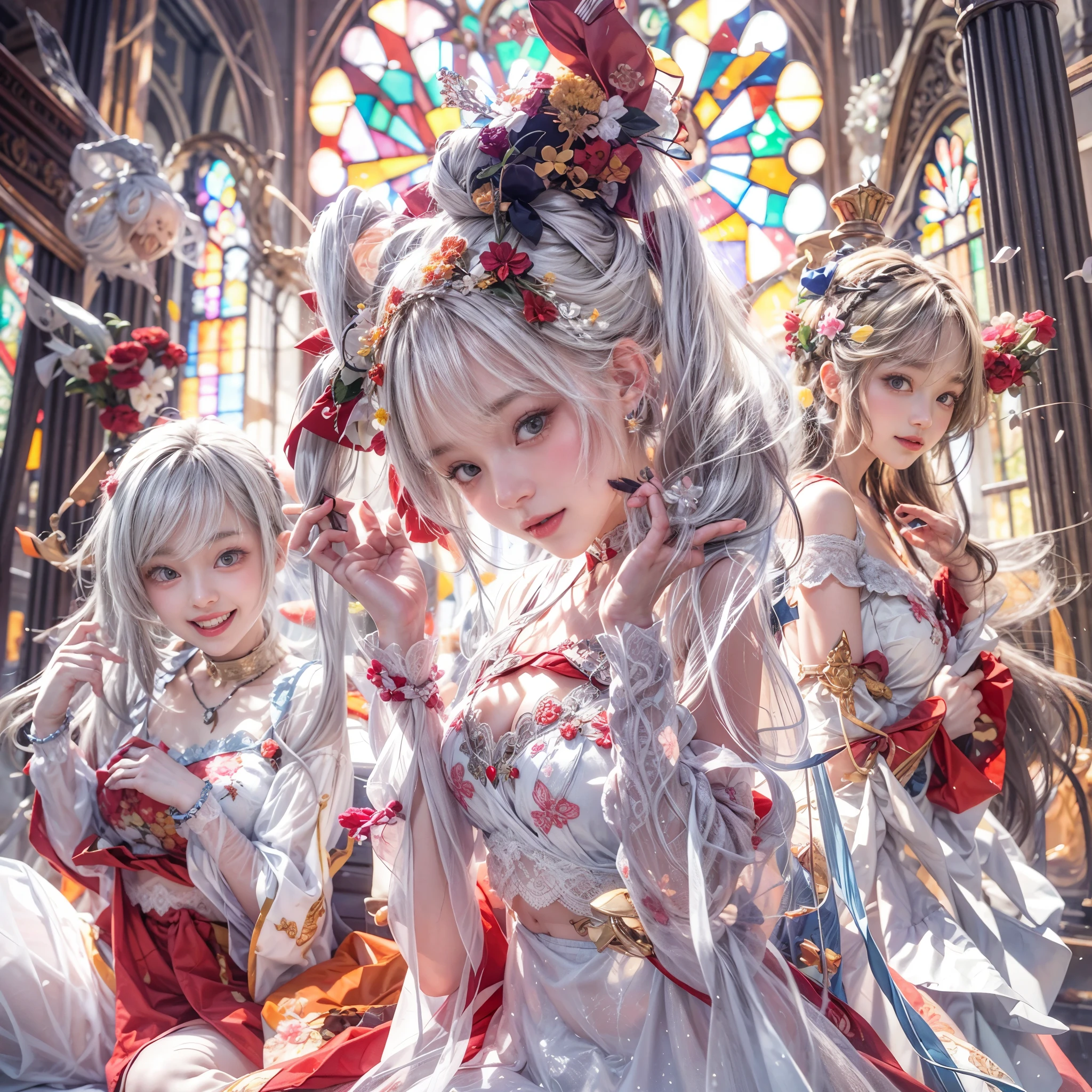 (SFW, White and Red, masterpiece:1.2, Exposed:1.2), (nipple:-0.9), (Acutance:0.8), (many sexy junior idols in group photograph), ((Extremely Detailed KAWAII face variations, joyful expression variations)), { Navel | pretty Ass | Overflowing sideboob | (Delicate lace knitted white wear) | full of Flowers covering girl's body | (Colorful Light shines from Dazzling and delicate stained glass:1.2) }. ( ultra-detailed, realistic, (photorealistic:1.37) with a touch of rawness). { under the mesmerizing back lighting | concept art | enhancing the overall visual impact }. (not Detailed fingers:-0.9) .