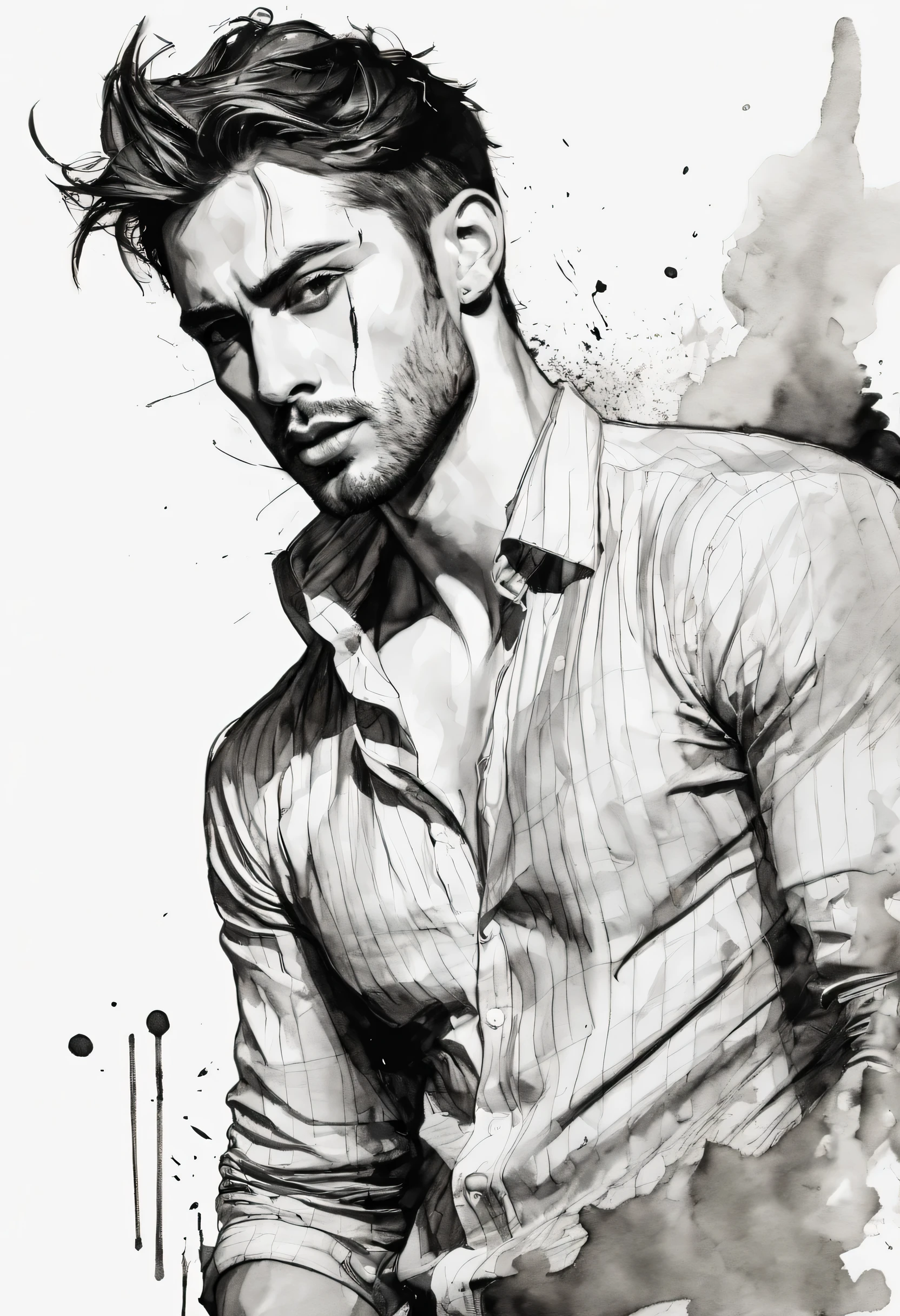 ink,sketch,exaggerated expression,handsome man character,ink,soil,Line outline,ink stain,ink stain